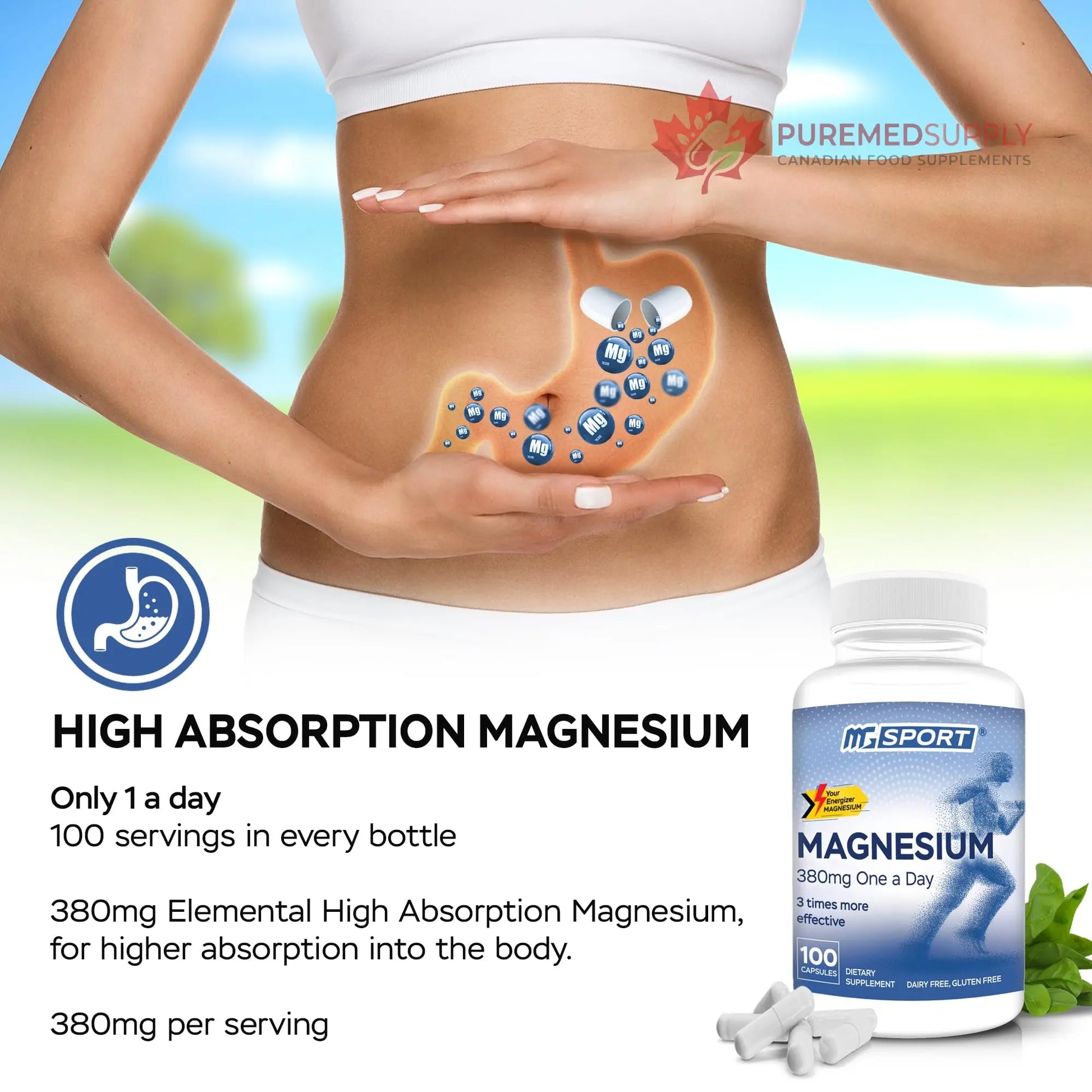 MGSPORT Magnesium Supplement 380mg - High Absorption Magnesium Complex Formula with Vitamins B6, D, E - Supports Muscle Function and Sleep Quality - 100 Servings MgSport buy supplements canada