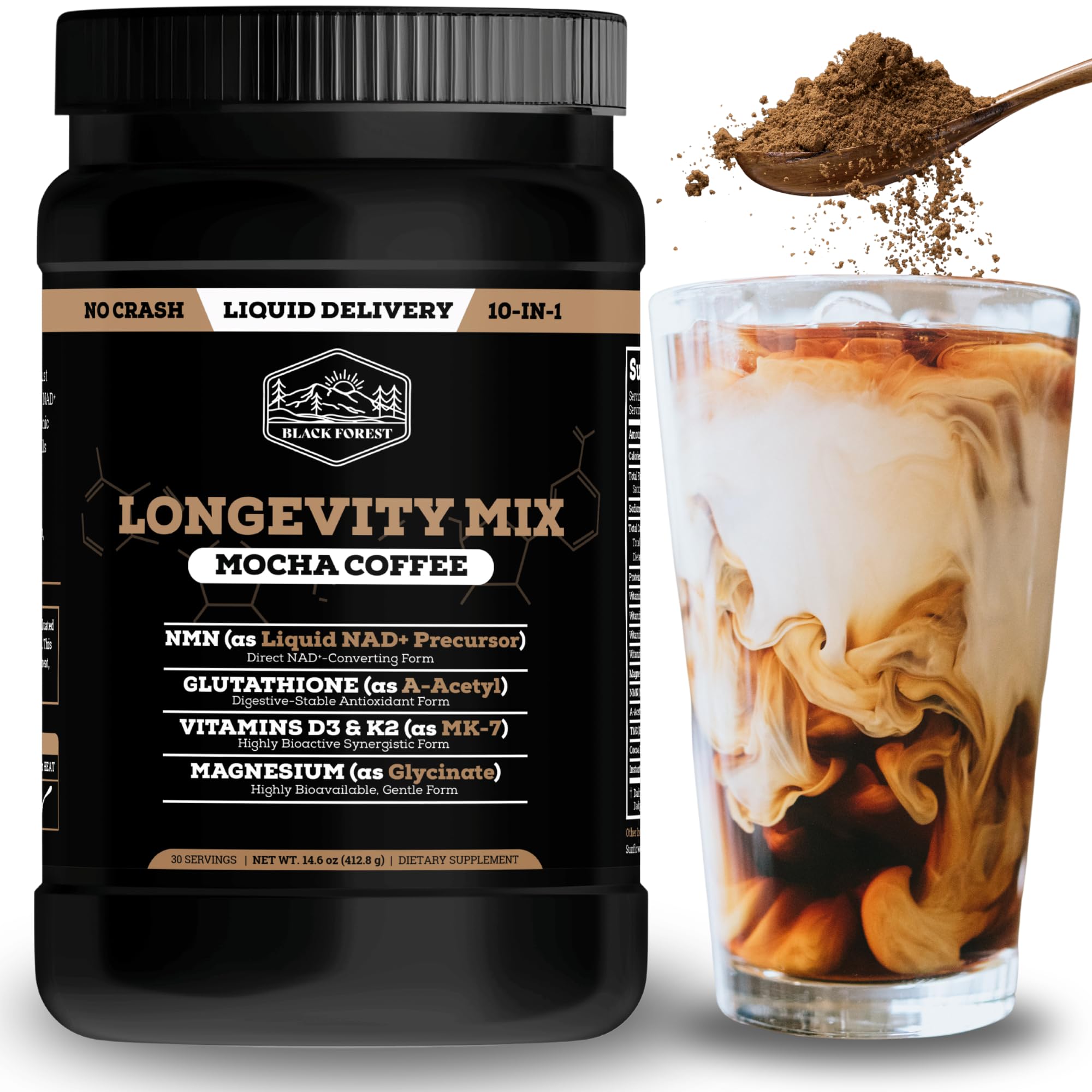Black Forest Longevity Mix Liquid NAD+ Alternative Mocha Coffee 10-in-1 with NMN 250mg, Glutathione 250mg, TMG, Magnesium Glycinate, Vitamins D3 K2 C B12, High Polyphenol Cocoa, 30 Servings Black Forest buy supplements canada