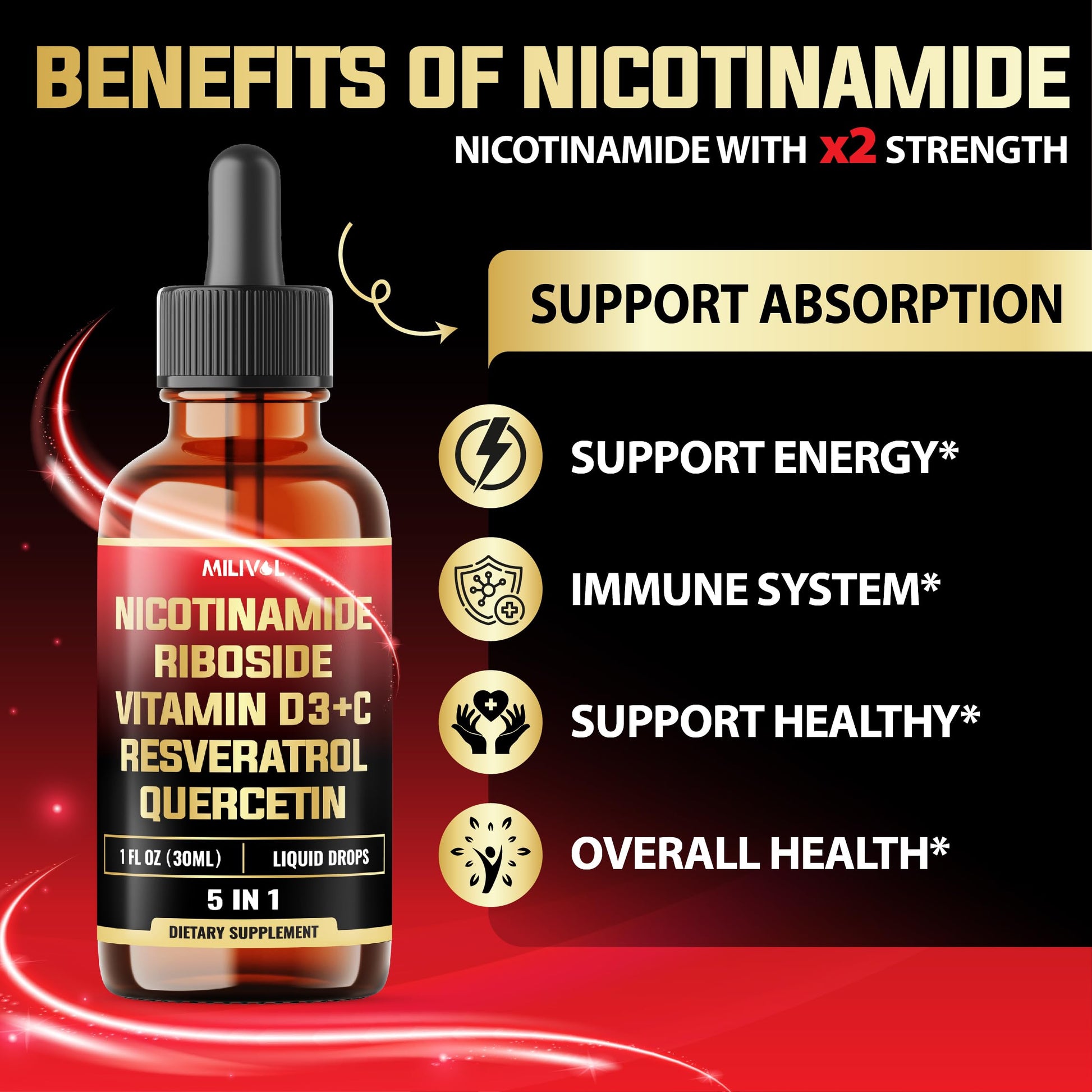 MILIVOL 5in1 NAD+ Liquid Drops w/Nicotinamide Riboside NR 900mg, Quercetin 500mg, Trans-resveratrol 500mg, Vitamin D3-C - Cellular Energy & Repair, Vitality, Healthy Aging - 1FL Oz - 1 Month Supply MILIVOL buy supplements canada