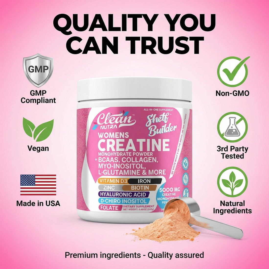 Creatine for Women | Creatine Monohydrate + Powder Myo-Inositol Collagen Biotin Hyaluronic Acid Folate L Glutamine Vitamin D3 Iron Zinc Clean Nutraceuticals buy supplements canada