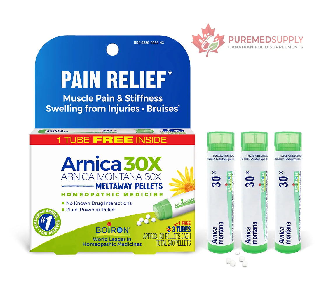 Boiron Arnica Montana 30X Homeopathic Medicine for Relief from Muscle Pain, Muscle Stiffness, Swelling from Injury, and Discoloration from Bruises - 3 Count (240 Pellets) Boiron buy supplements canada