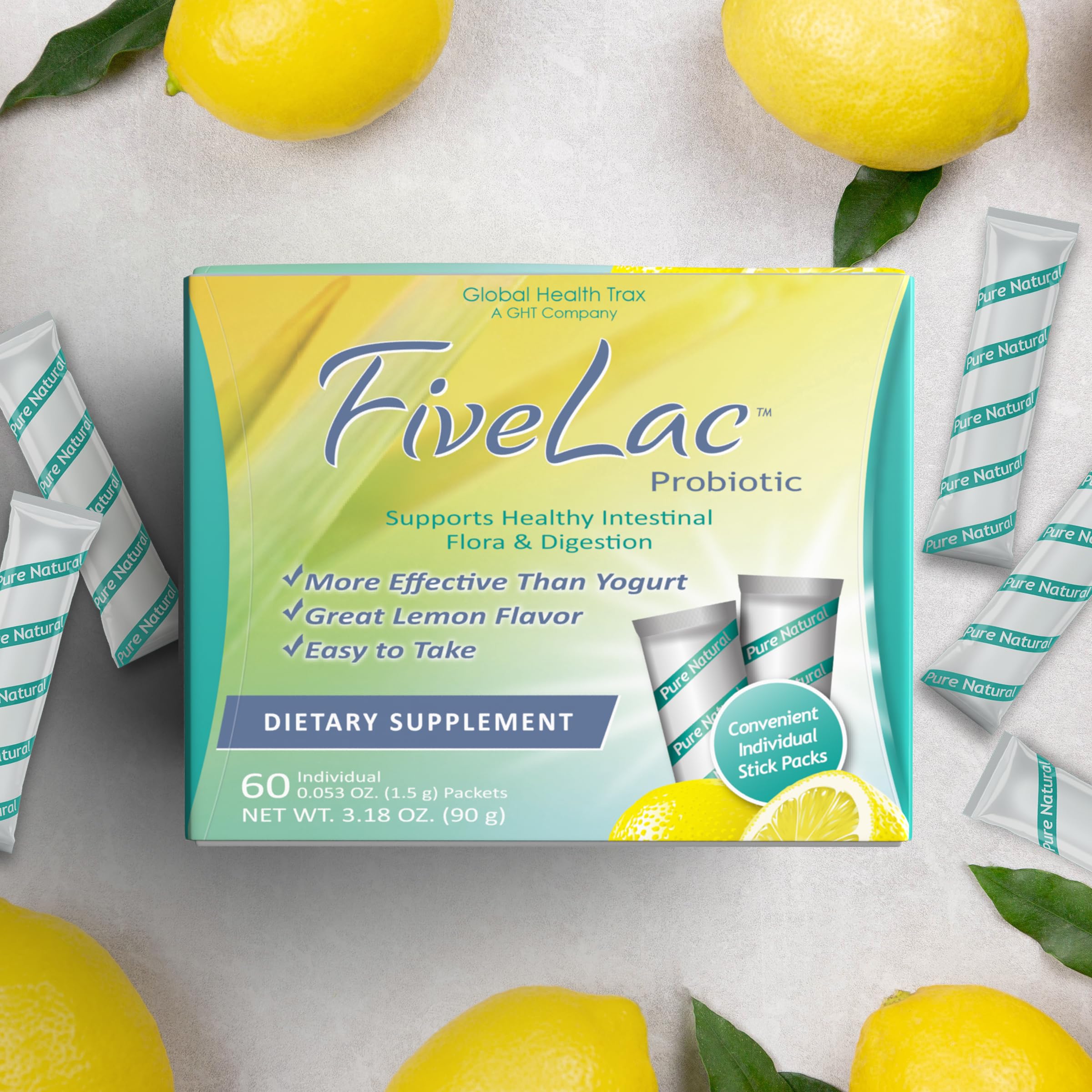 Global Health Trax GHT - FiveLac Lemon Probiotic Powder Drink Mix, Probiotics for Women, Men & Kids - Smooth Digestive Support & Elimination - Relieves Constipation & Gas - 60 Packets (2 Pack) Non-GMO ght Global Health Trax buy supplements canada