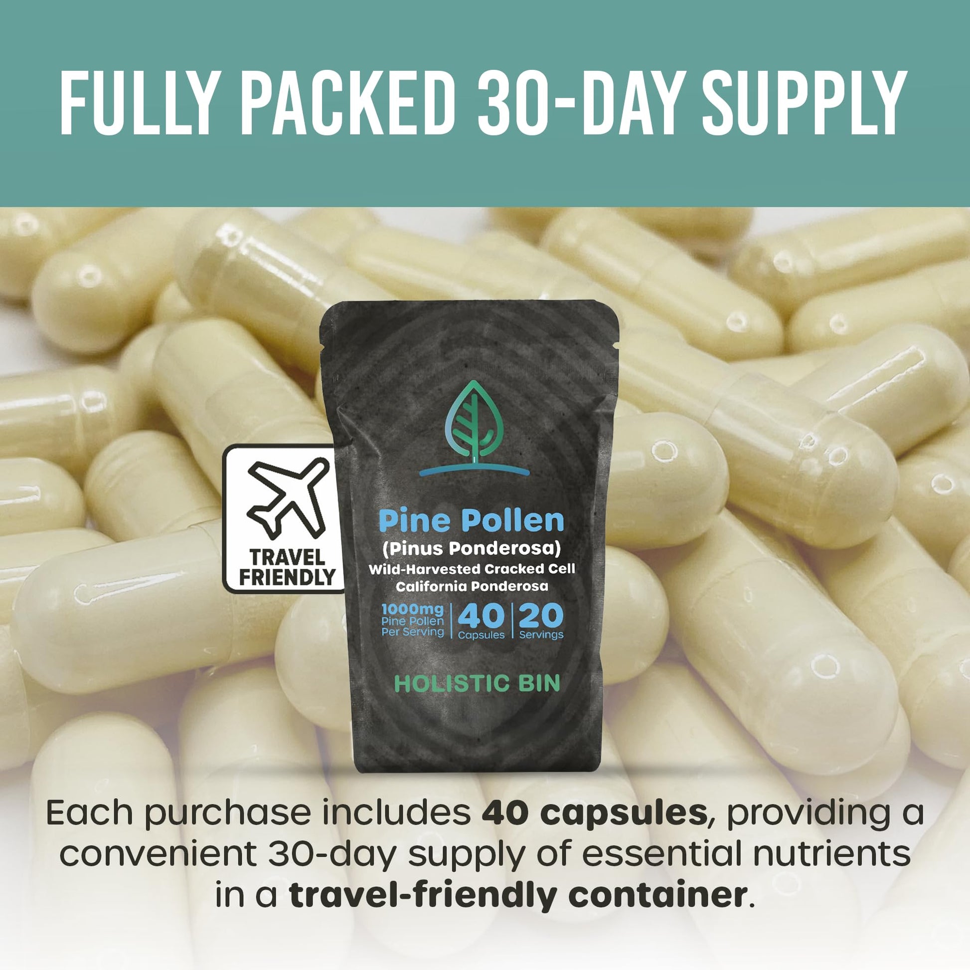 Holistic Bin Pine Pollen Capsules 500mg (Pinus Ponderosa) - Wild Harvested California Ponderosa Pine Pollen Powder - Olympic Grade - Organic, Non-GMO, No Fillers - 30 Day Supply (40 Capsules) Holistic Bin buy supplements canada
