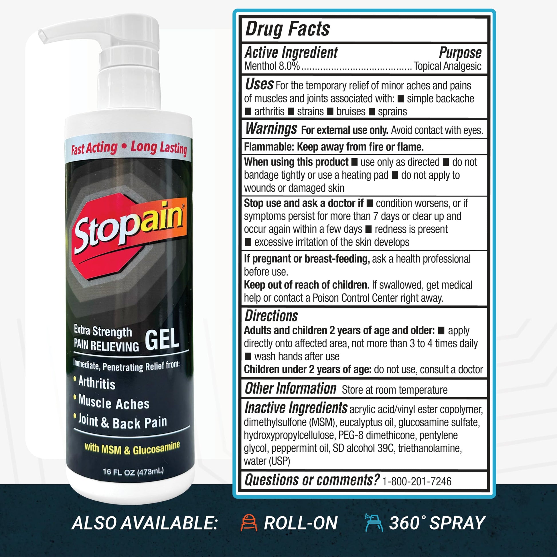 Stopain Pain Relief Gel 16oz, USA Made, Max Strength Fast Acting with Menthol, MSM, Glucosamine for Joint Pain, Back Pain, Arthritis, Knee, Neck Pain, HSA FSA Approved OTC Topical Analgesic Product Stopain buy supplements canada