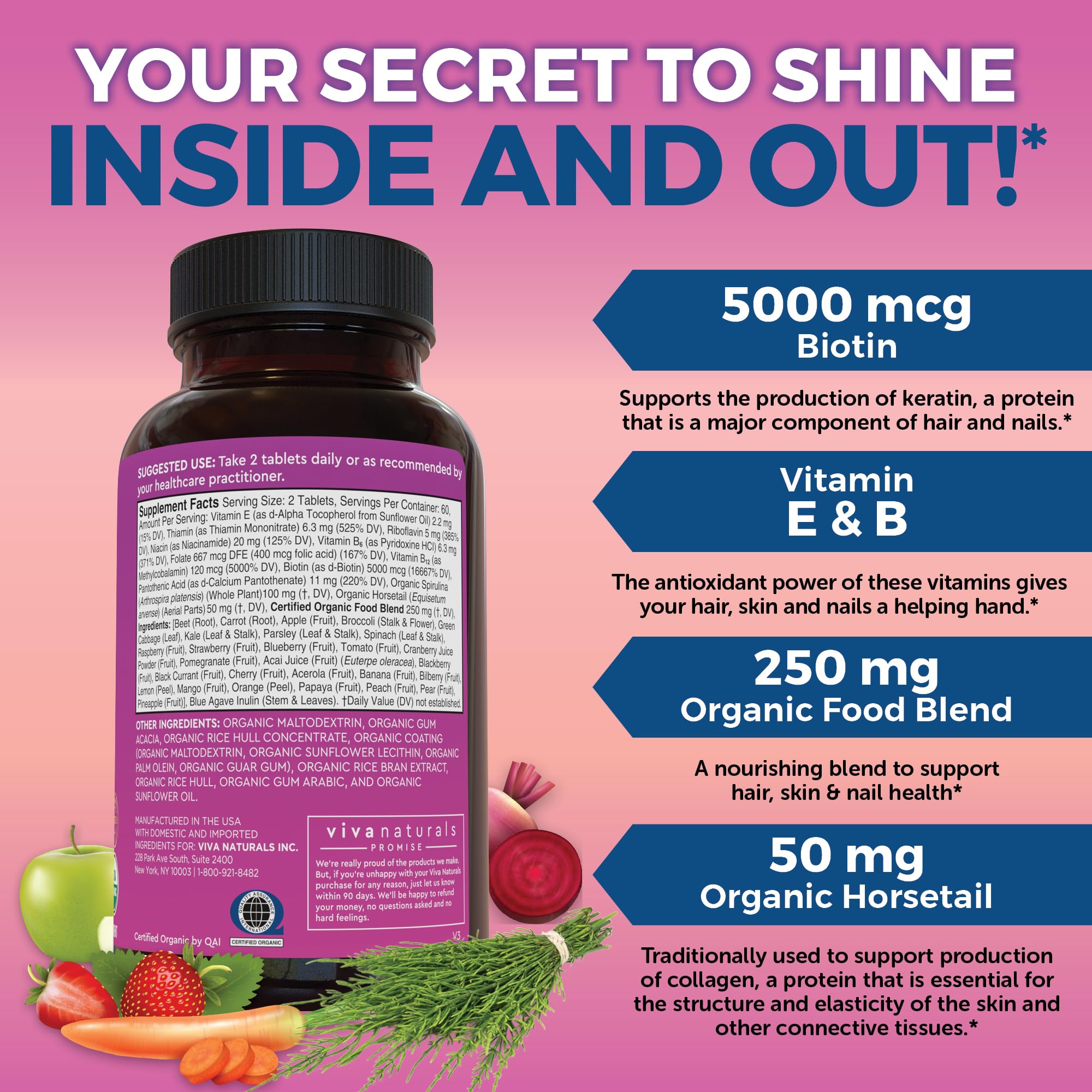 Biotin 5000 mcg Hair Skin Nails Vitamins for Women – Organic and Vegetarian-Friendly Supplement with Vitamin E, B-Vitamins, Spirulina Viva Naturals buy supplements canada