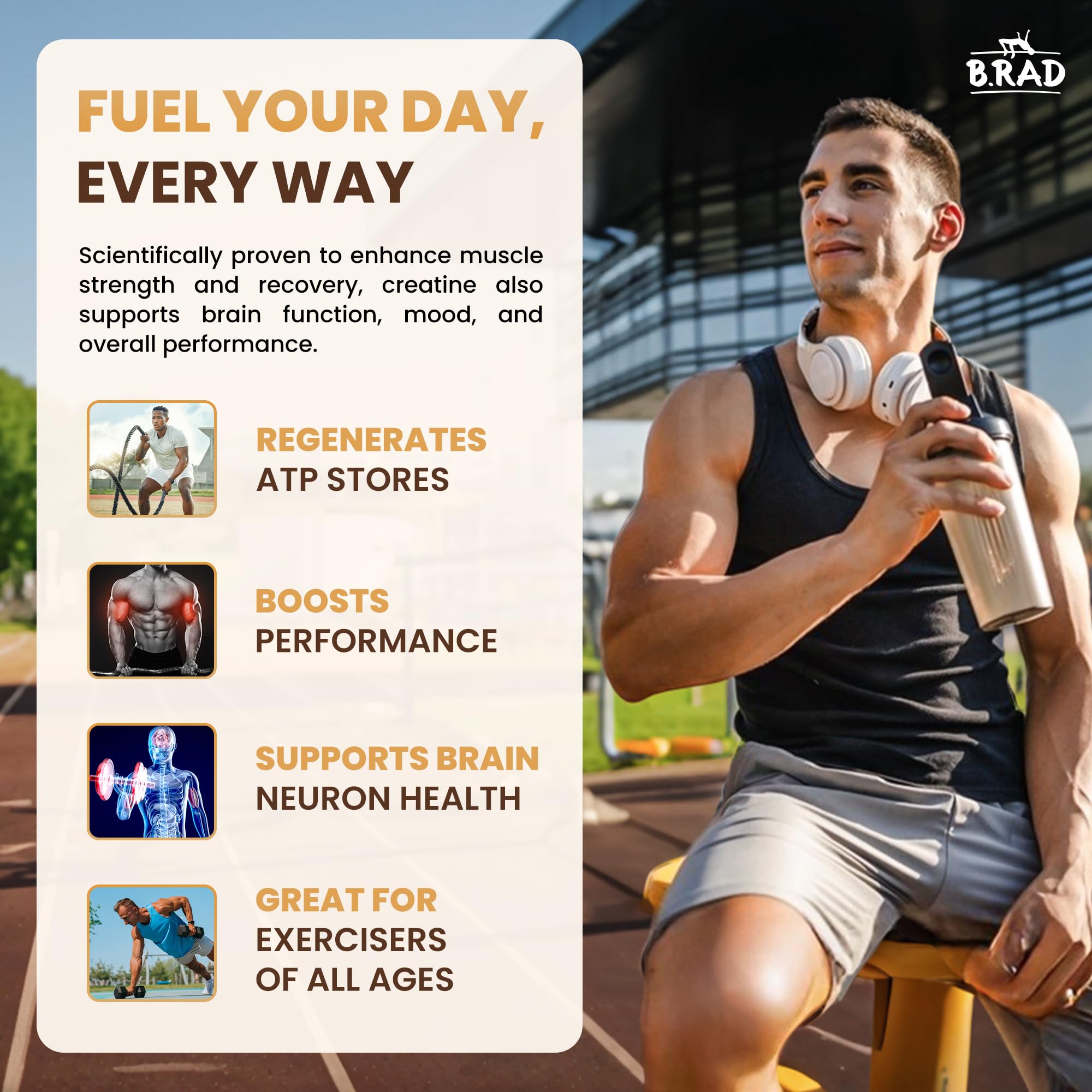 B.rad 100% Pure Micronized Creatine Monohydrate Powder | Natural, No Additives | Boosts Muscle Strength, Recovery & Performance | Supports Brain Health | 300g, 60 Servings B.rad buy supplements canada