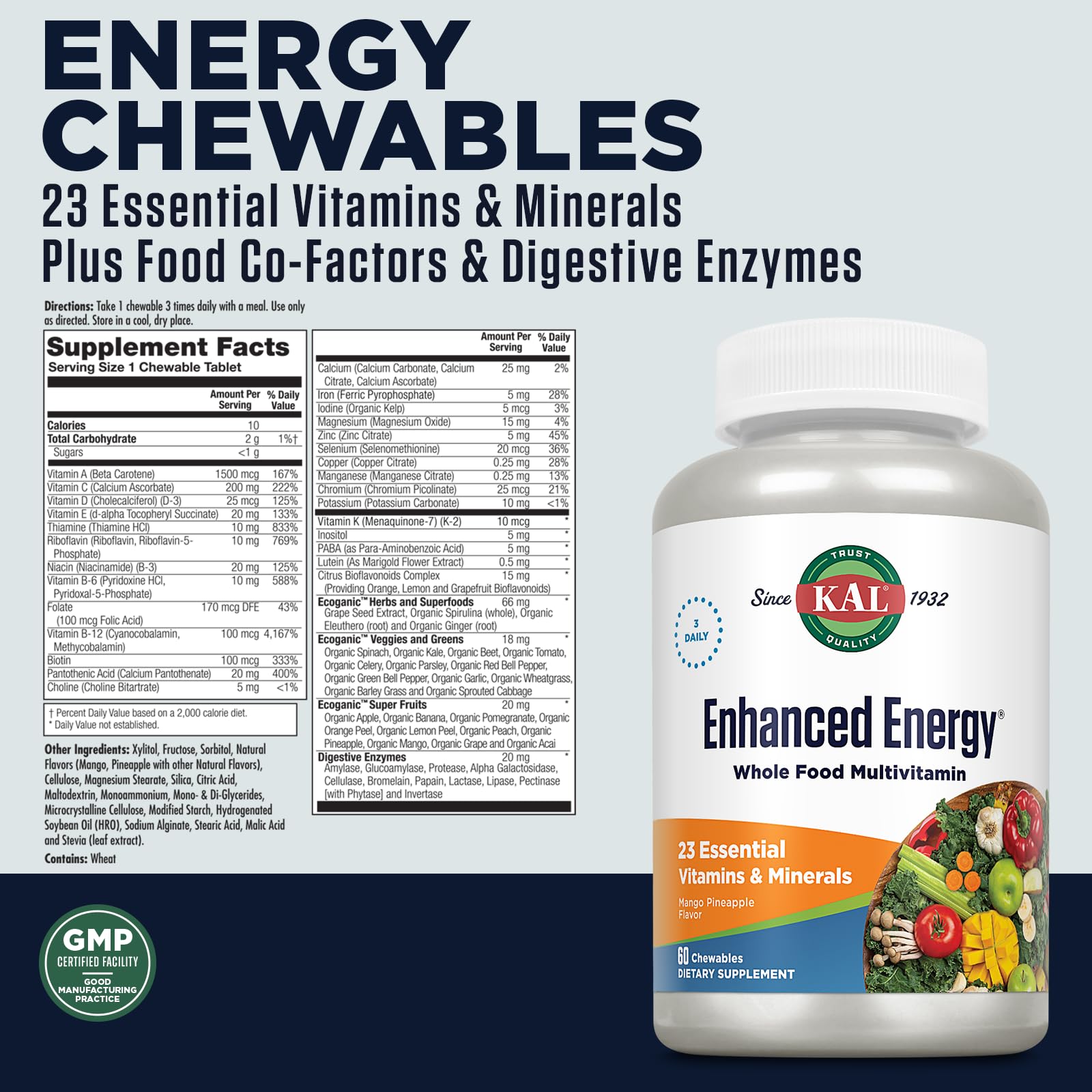KAL Enhanced Energy Supplements, Whole Food Chewable Multivitamin with Iron, 3 Daily, 23 Essential Vitamins and Minerals, Super Foods, Enzymes, Mango Pineapple Flavor, 60-Day Guarantee, 20 Serv, 60ct KAL buy supplements canada