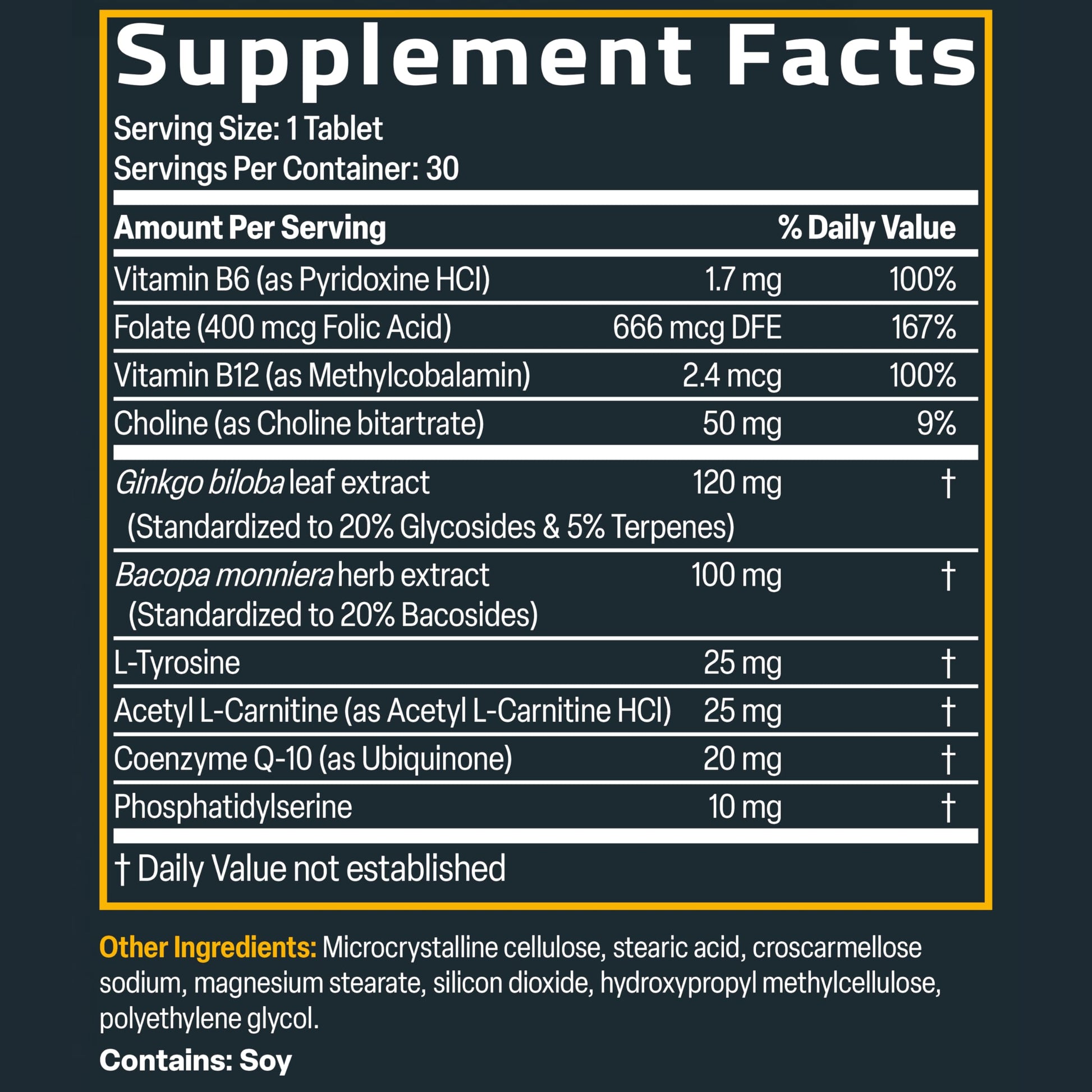 Bronson Ginkgo, Bacopa & Acetyl L-Carnitine Brain & Memory Support Complex with L-Tyrosine, Choline, CoQ10 & Phosphatidylserine Plus Key B Vitamins Non-GMO, 30 Tablets Bronson buy supplements canada