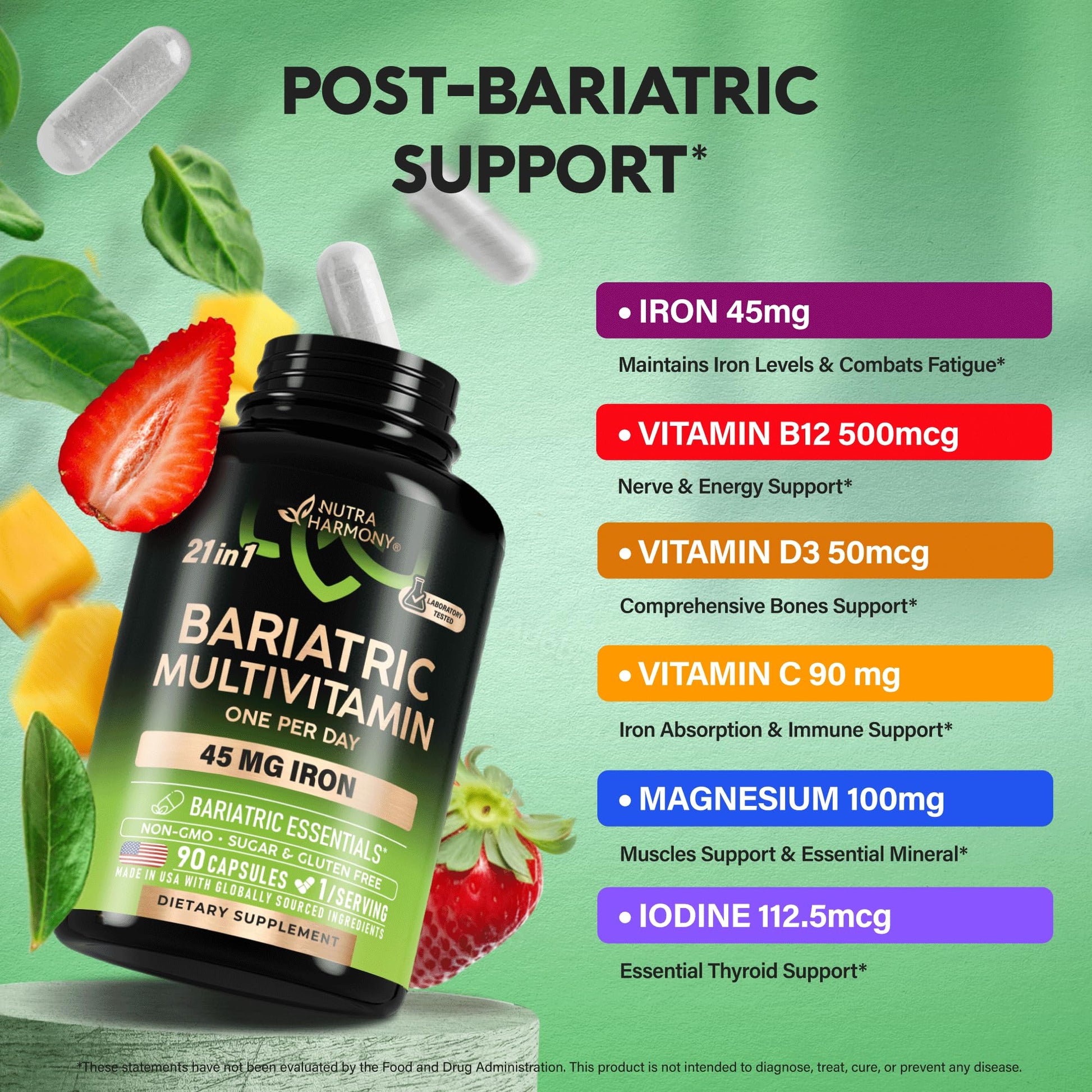 Bariatric Multivitamin - 45 mg Iron Supplements - Made in USA - for Women & Men - All-in-One, 21 Essential Vitamins - Gastric Sleeve Support NUTRAHARMONY buy supplements canada
