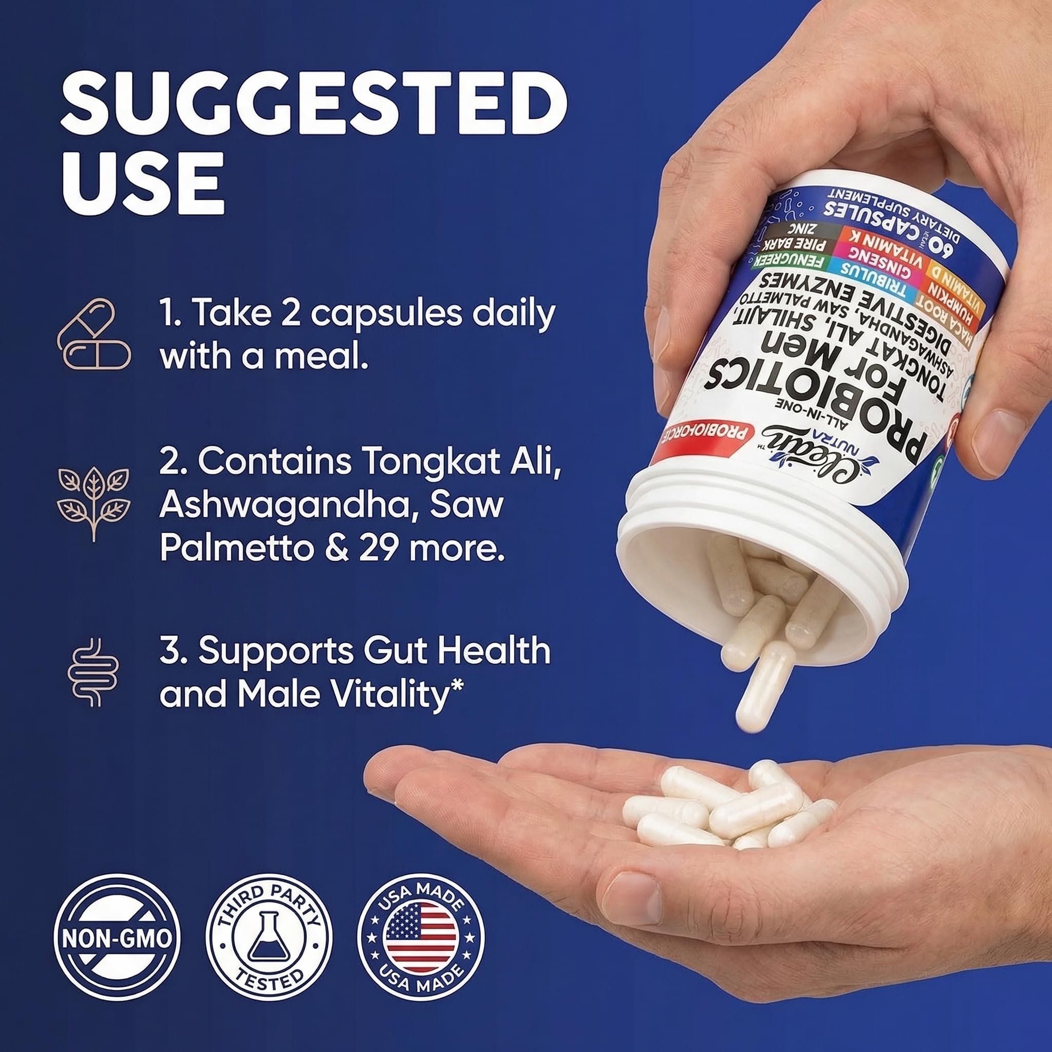 Clean Nutra Probiotics for Men | Tongkat Ali, Saw Palmetto, Tribulus, Ginseng, Ashwagandha, Maca, Pumpkin, Gingko Biloba, Pine Bark, Fenugreek, Shilajit, Zinc - Mens Probiotic 60 Capsules Clean Nutraceuticals buy supplements canada