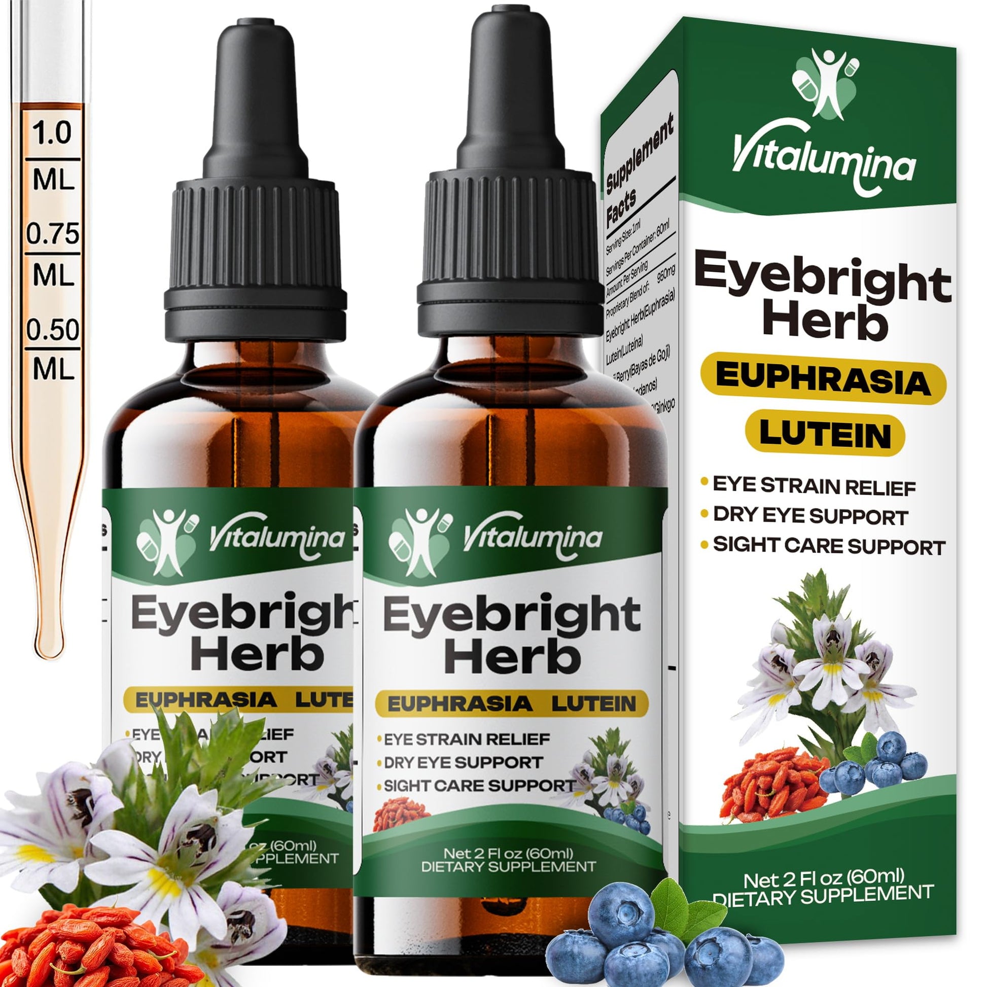 Vitalumina Eyebright Herbal Liquid with Organic Euphrasia, Lutein, Bilberry, Blueberry & Goji – Plant-Based Vegan Supplement for Adults – 4 fl oz Vitalumina buy supplements canada