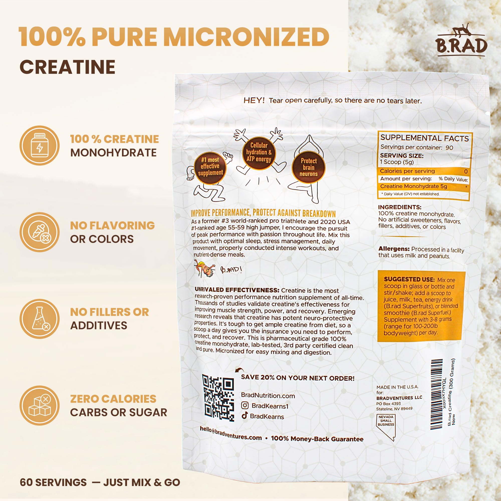 B.rad 100% Pure Micronized Creatine Monohydrate Powder | Natural, No Additives | Boosts Muscle Strength, Recovery & Performance | Supports Brain Health | 300g, 60 Servings B.rad buy supplements canada