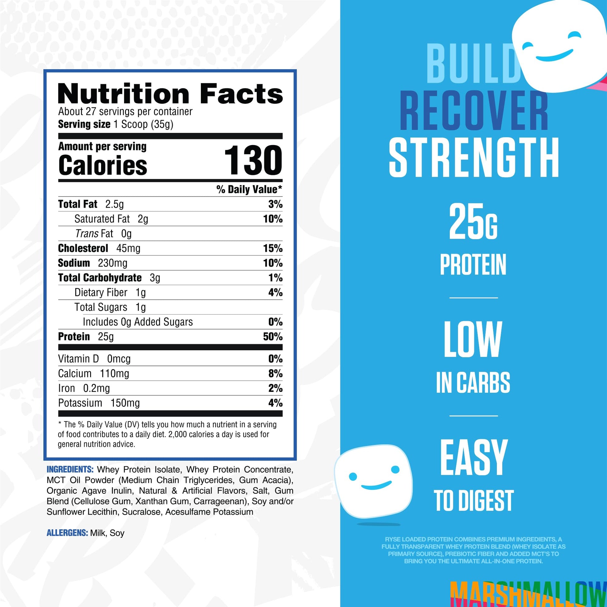 RYSE Loaded Protein Powder - Jet-Puffed Marshmallow - 25g Whey Protein Isolate & Concentrate with Prebiotic Fiber & MCTs - Low Carb, Low Sugar, Digestive-Friendly - 27 Servings / 2 lb Tub RYSE Up Supplements buy supplements canada