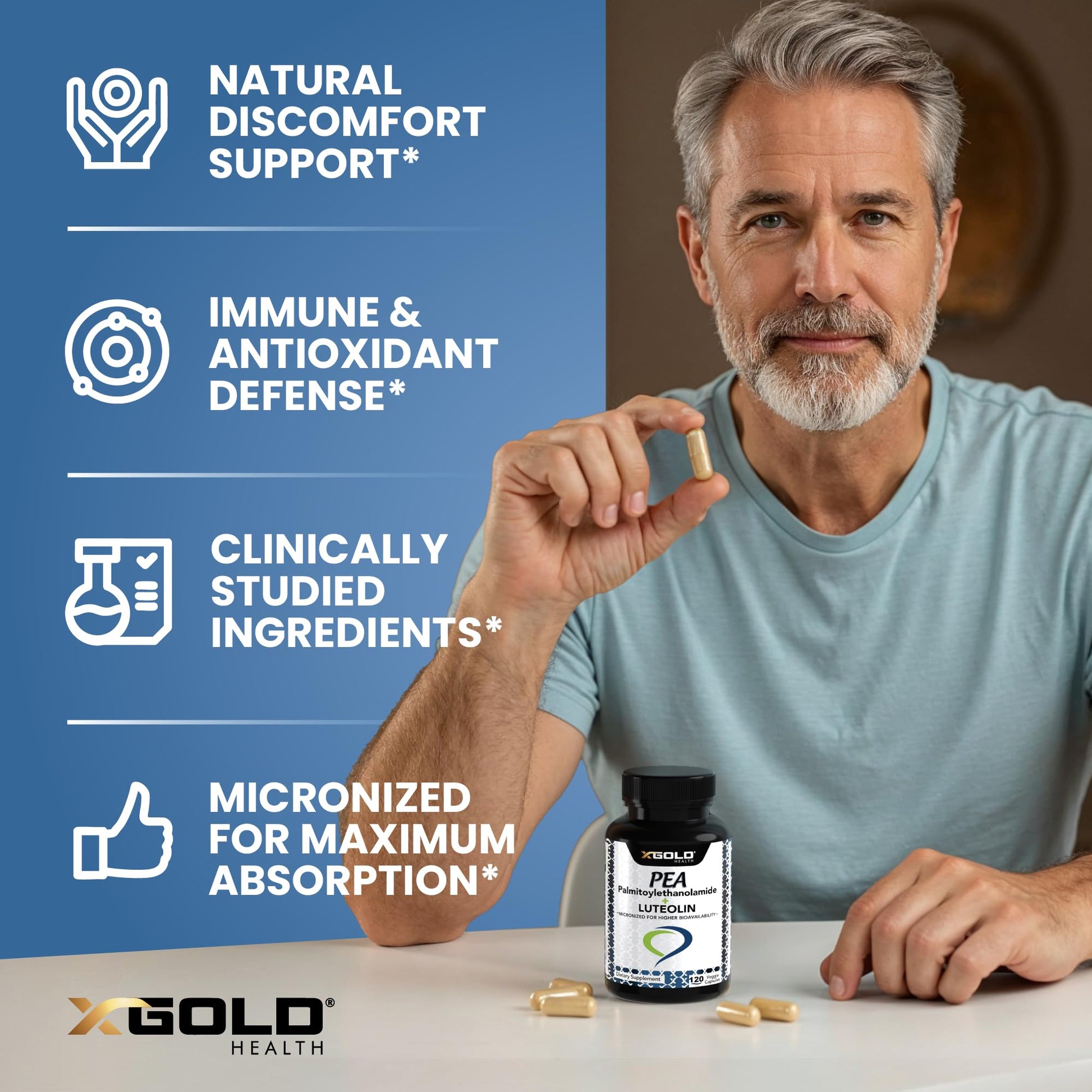 Palmitoylethanolamide 630 mg + Luteolin Standardized 98%- Micronized Pea 99% Highly Purified and Bioavailable - Made in USA - Supplement for Men and Women - 120 Veggie Capsules X Gold Health buy supplements canada