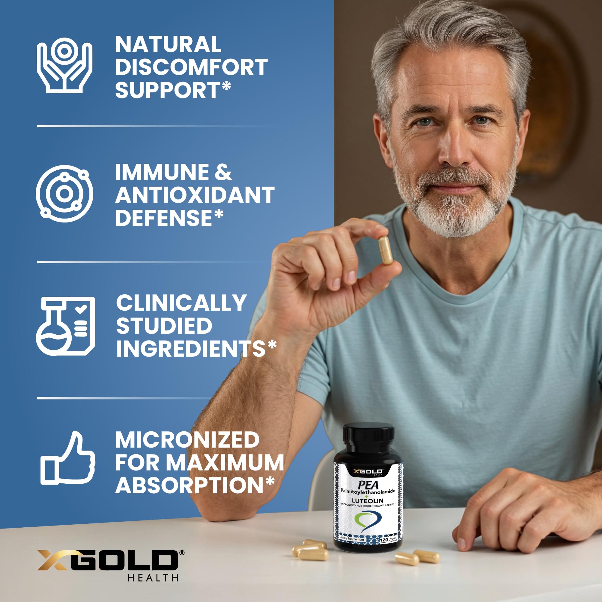 Palmitoylethanolamide 630 mg + Luteolin Standardized 98%- Micronized Pea 99% Highly Purified and Bioavailable - Made in USA - Supplement for Men and Women - 120 Veggie Capsules X Gold Health buy supplements canada