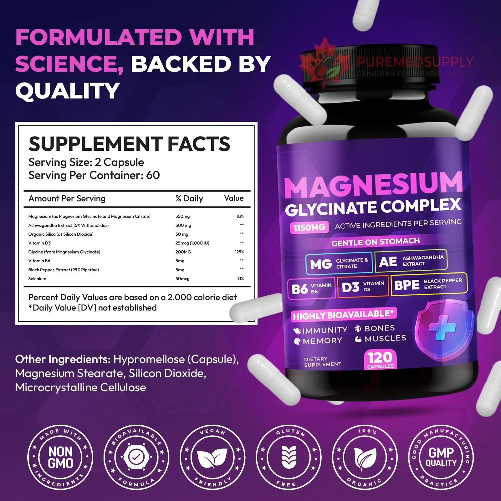 Magnesium Glycinate Complex 1150mg - Gentle on Stomach High Absorption Magnesium Capsules with Citrate, Silica, Ashwagandha & Vitamin B6 for Zzz, Stress Relief, Muscle Support for Adults, Women & Men Cytona buy supplements canada