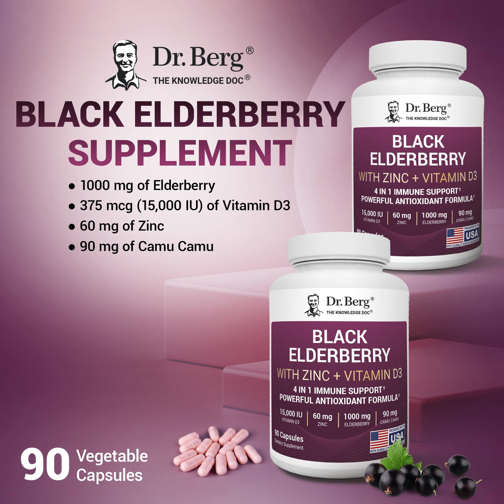 Dr. Berg Black Elderberry Capsules (Advanced Immune Support*) with 15,000 IU Vitamin D, 60 mg of Zinc, & 90 mg of Camu Camu - (4-in-1) Sambucus Elderberry Immune Support Supplement - 90 Capsules Dr. Berg Nutritionals buy supplements canada