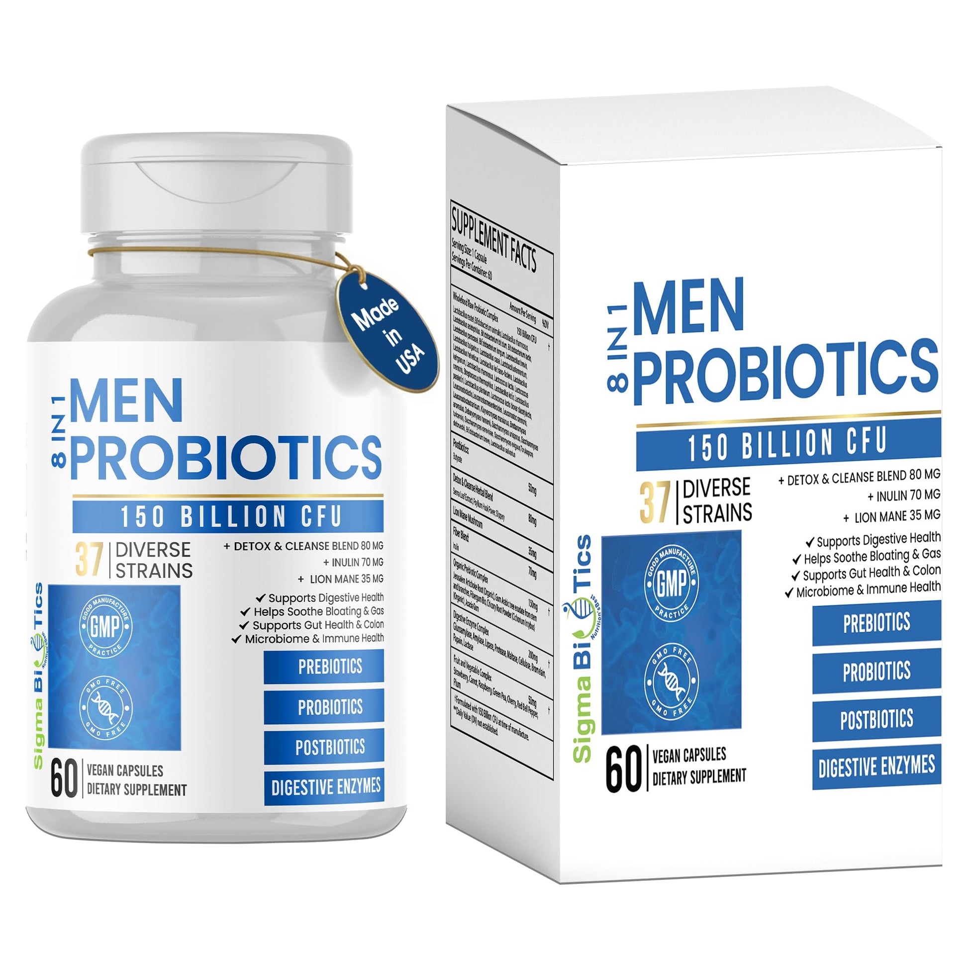 Probiotics for Men - 150 Billion CFU Acidophilus Capsules with Prebiotics & Postbiotics - Supports Gut Microbiome, Colon & Immune Health - 37 Strains with Digestive Enzymes - 60 Vegan Capsules SigmaBiotics buy supplements canada