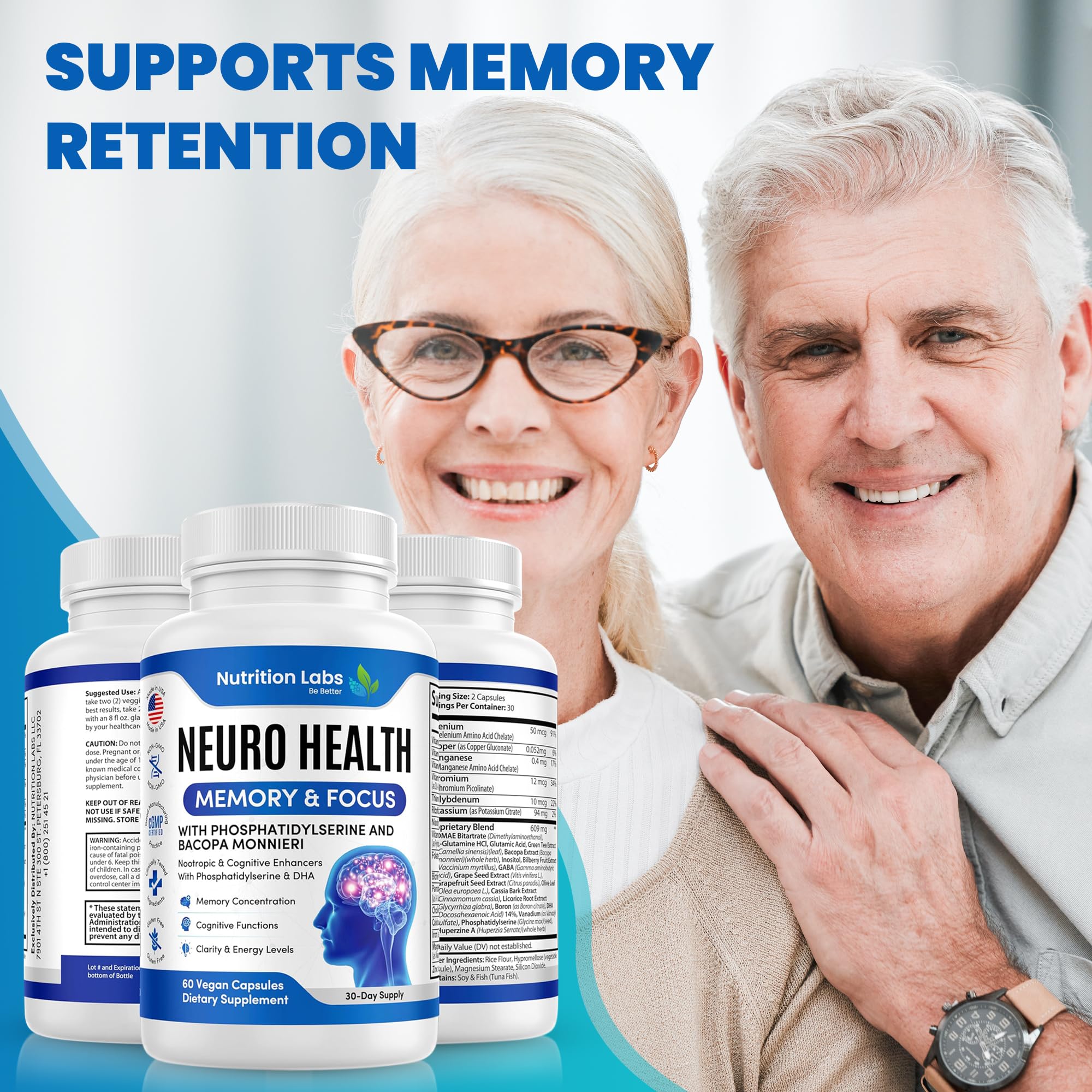 Nootropic & Neuro Brain Supplement for Memory & Focus Support. Clinically Tested Vitamins for Mental Support & Cognitive Clarity W/Bacopa Monnieri, VIT A, B6, Riboflavin, Niacin, Thiamin & Folate NUTRITION LABS BE BETTER buy supplements canada