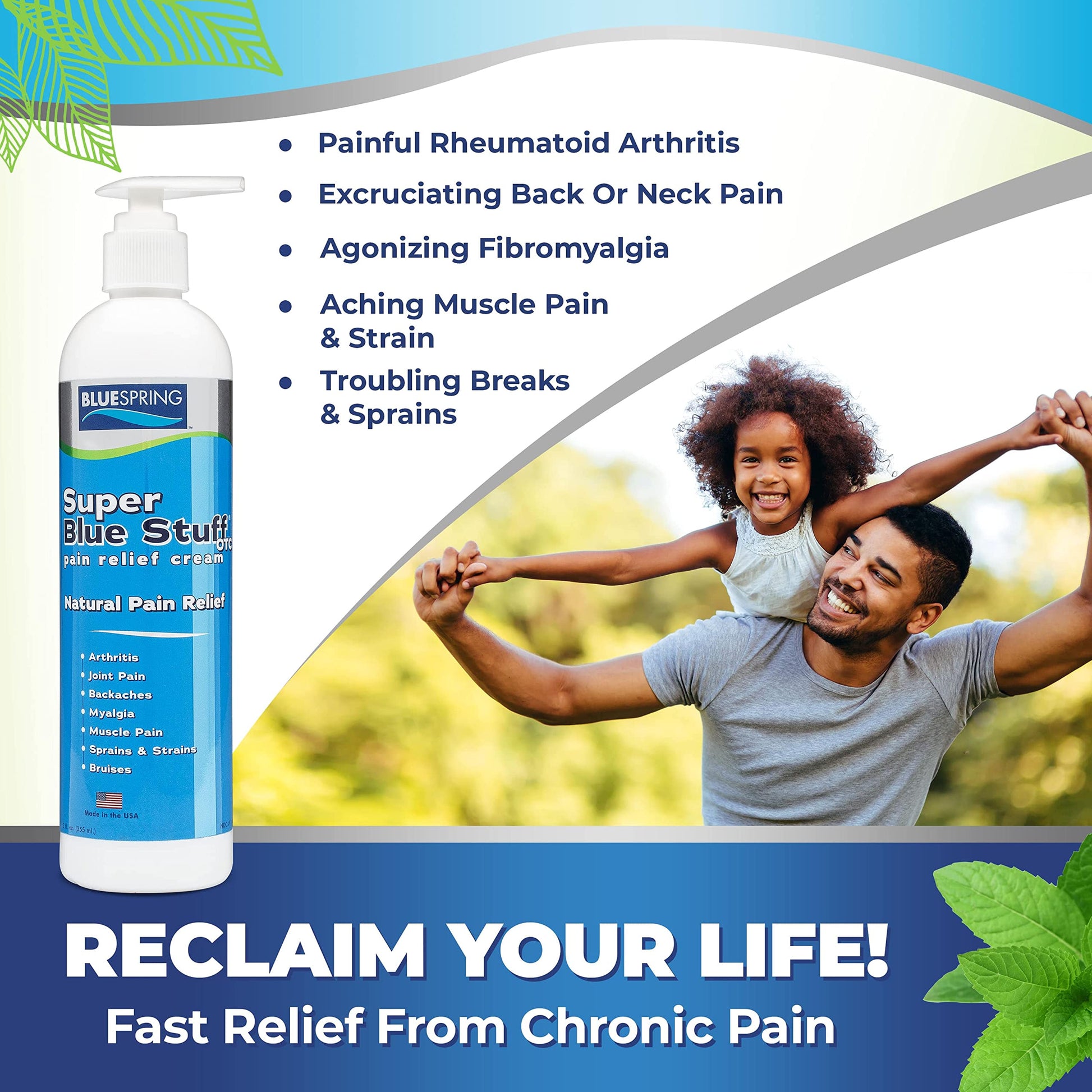 Super Blue Stuff OTC 12-oz. Pump Bottle - Natural, Made in USA, Paraben-free, Works in As Little As 5 Minutes for Joint/Muscle Pain, Backaches, Sprains/Strains, Bruises & Arthritis by Blue Spring Blue Spring buy supplements canada