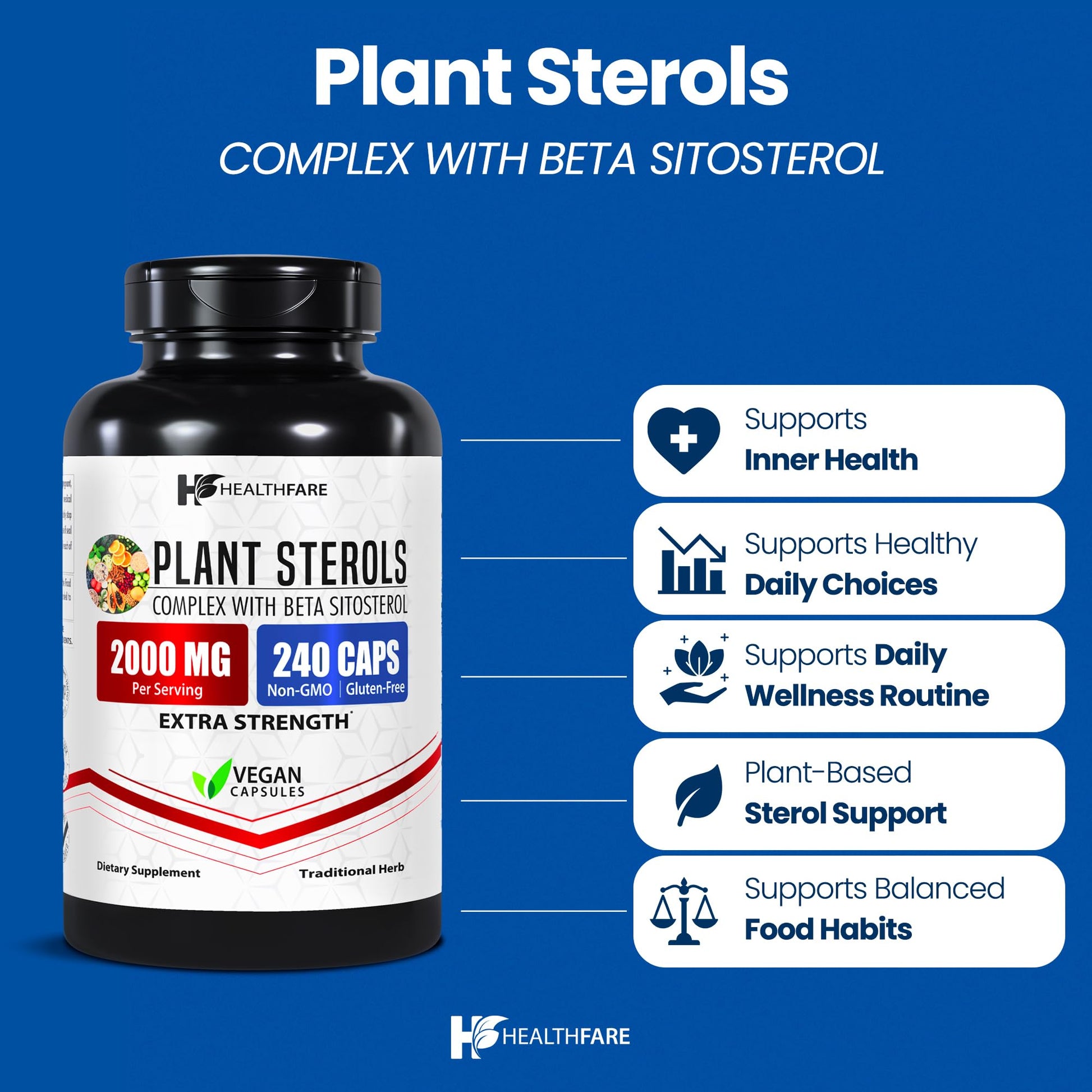 Healthfare Plant Sterols Capsules 2000mg | 240 Vegan Capsules | Beta Sitosterol & Phytosterol Complex | Plant-Based Supplement | Non-GMO & Gluten-Free | Made in the USA Healthfare buy supplements canada