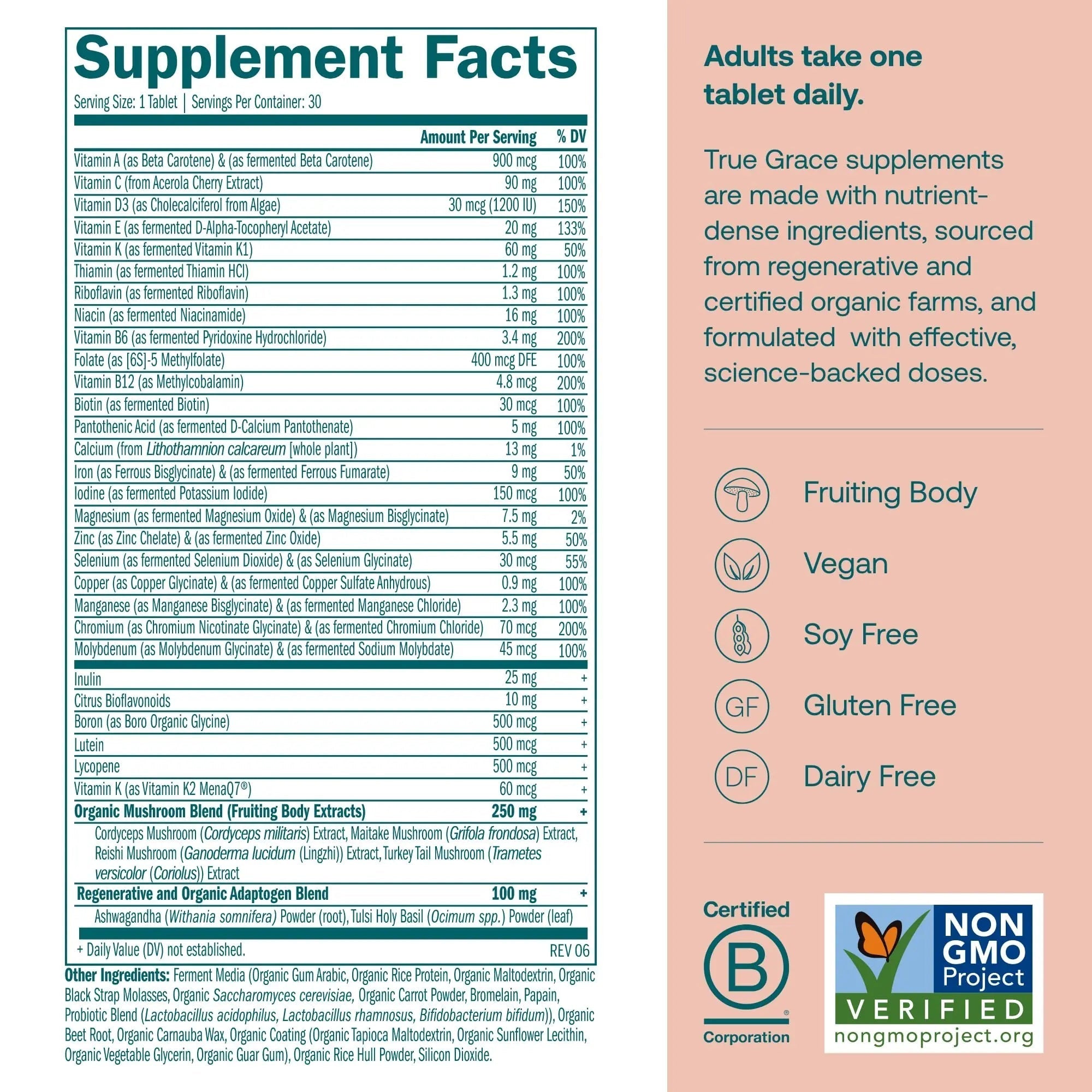True Grace One Daily Women’s Multivitamin Fermented Minerals, Organic Adaptogens & Mushrooms Whole Body Balance, Immune, Energy, Beauty Support True Grace buy supplements canada