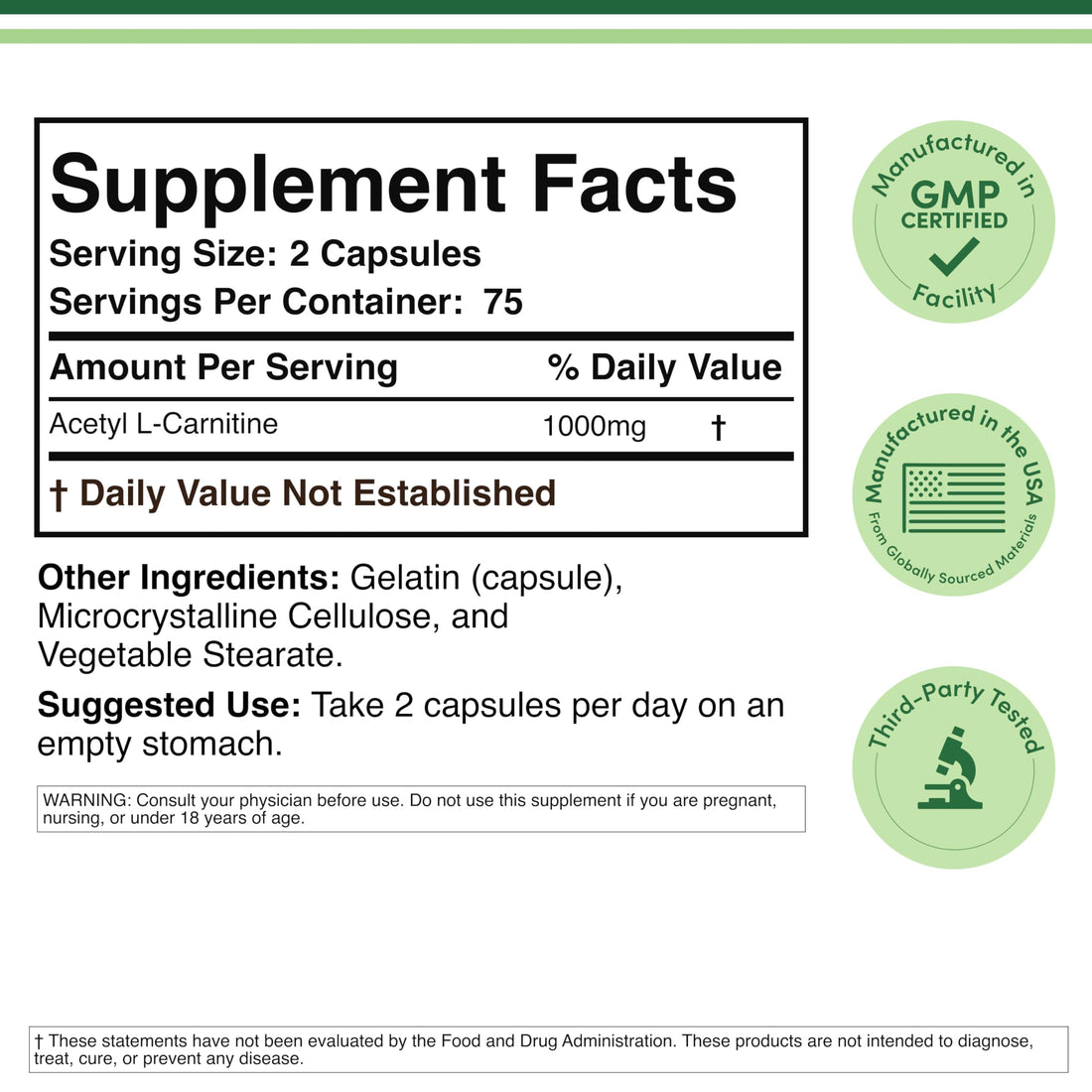 Acetyl L-Carnitine 1,000mg Per Serving, 150 Capsules (ALCAR for Brain Function Support, Memory, Attention, and Stamina) Acetyl L Carnitine That is Third Party Tested by Double Wood Double Wood Supplements buy supplements canada