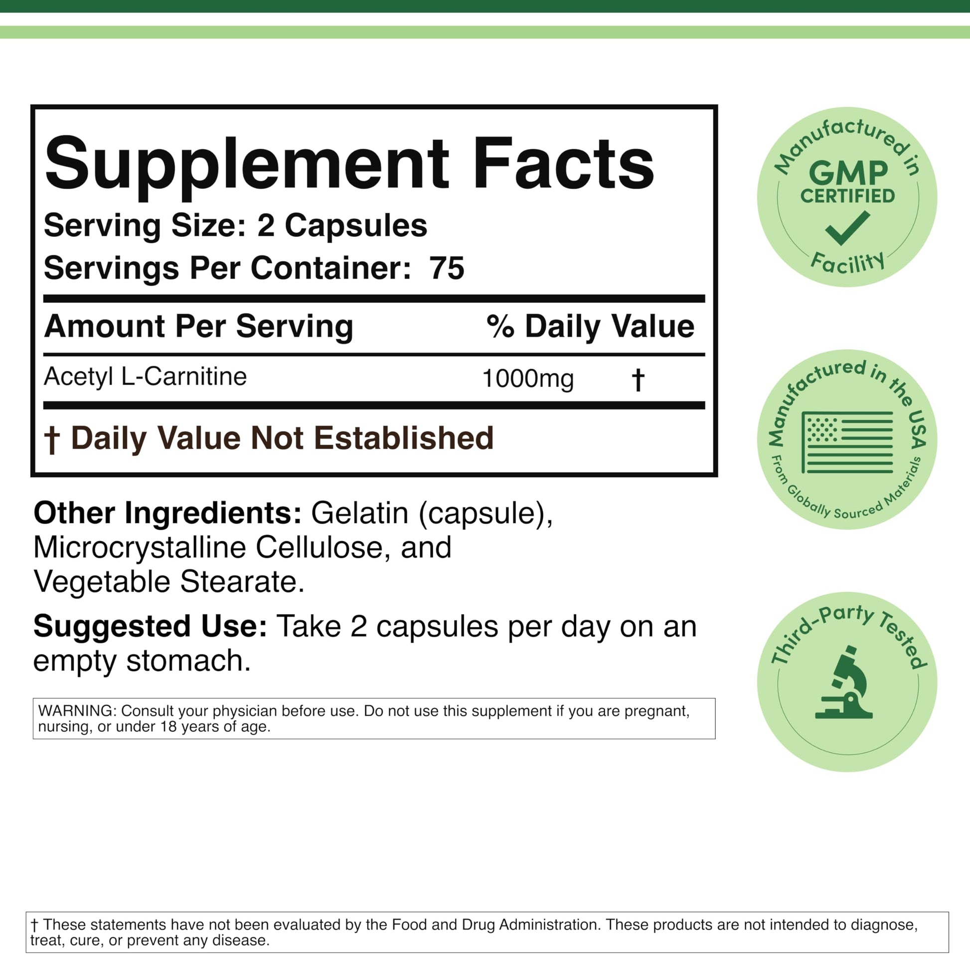 Acetyl L-Carnitine 1,000mg Per Serving, 150 Capsules (ALCAR for Brain Function Support, Memory, Attention, and Stamina) Acetyl L Carnitine That is Third Party Tested by Double Wood Double Wood Supplements buy supplements canada