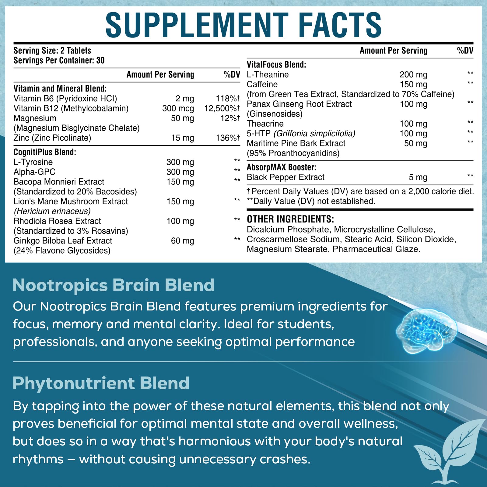 17-in-1 Brain Supplement for Memory and Focus | Natural Nootropics Brain Supplement for Brain Cognition, Energy | High Absorption | L-Theanine, Phytonutrient Blend and Vitamins B6, B12 | 60 Tablets SehatiKu buy supplements canada