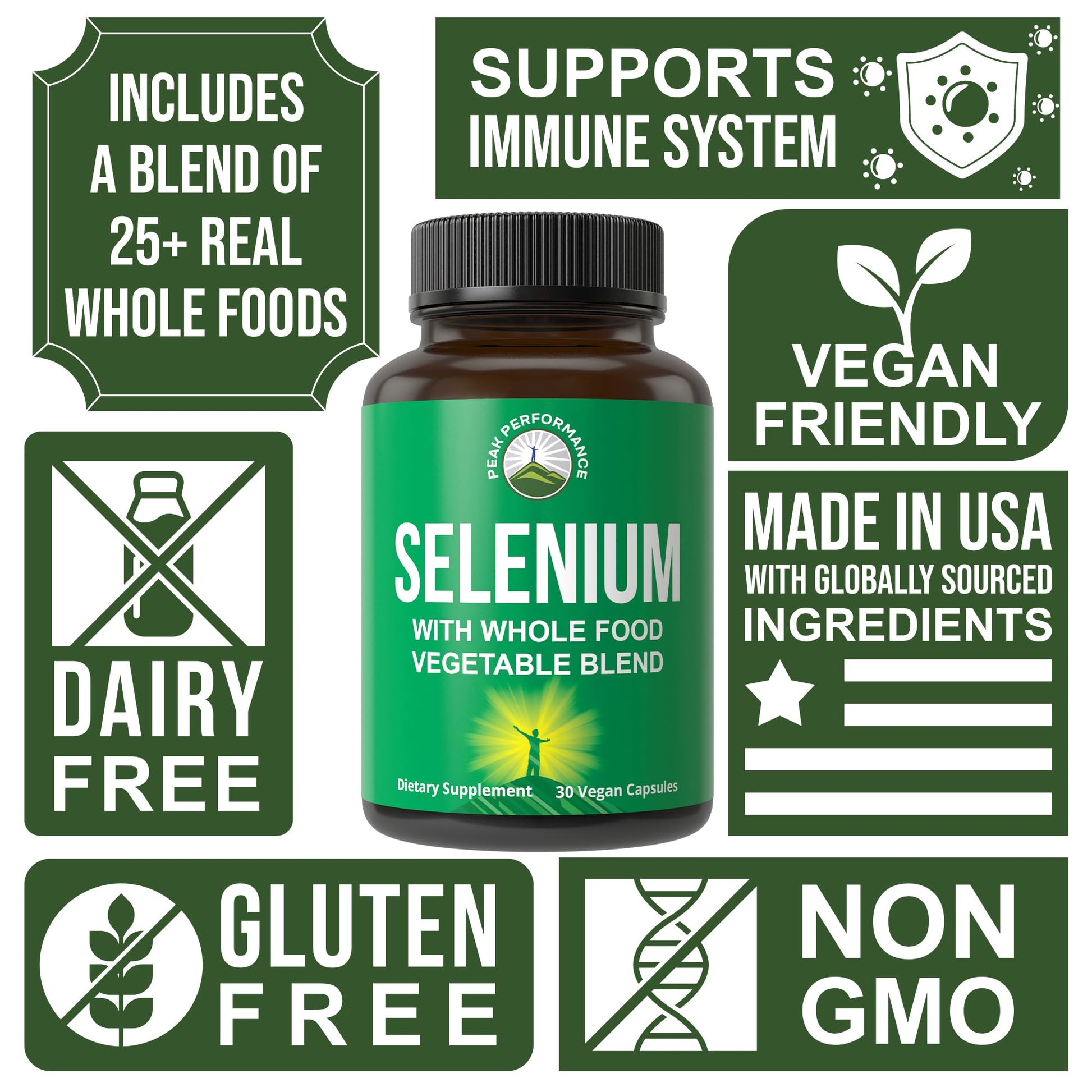 Selenium Supplement with Whole Food Blend of 25+ Vegetables and Fruits for Max Absorption. Pure Selenium Vegan Capsules for Immune System, Thyroid Support, Heart Health, Prostate Support. 30 Pills Peak Performance buy supplements canada
