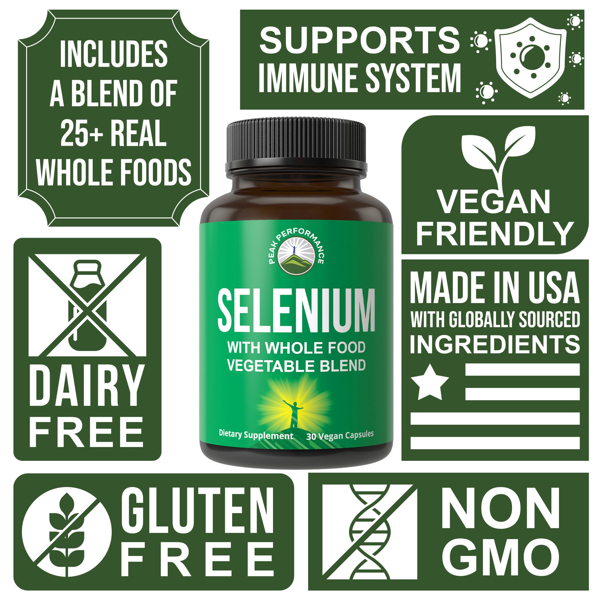 Selenium Supplement with Whole Food Blend of 25+ Vegetables and Fruits for Max Absorption. Pure Selenium Vegan Capsules for Immune System, Thyroid Support, Heart Health, Prostate Support. 30 Pills Peak Performance buy supplements canada