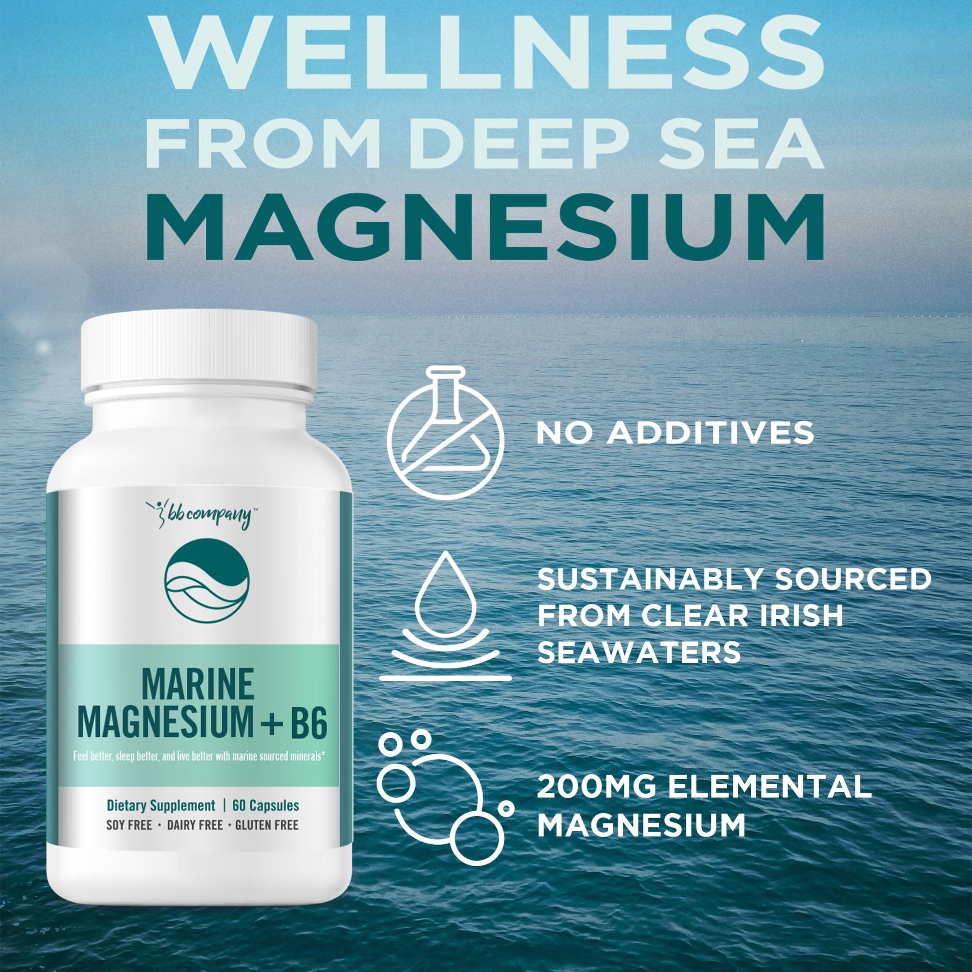 Ocean Magnesium 200mg Aquamin | More Soluble Than Magnesium Glycinate | Whole Food Mag B6 Supplement for Women | Gentle on Stomach & Vegan | Sleep Support, Calms Nerves & Leg Cramps | 60 Ct BB Company buy supplements canada