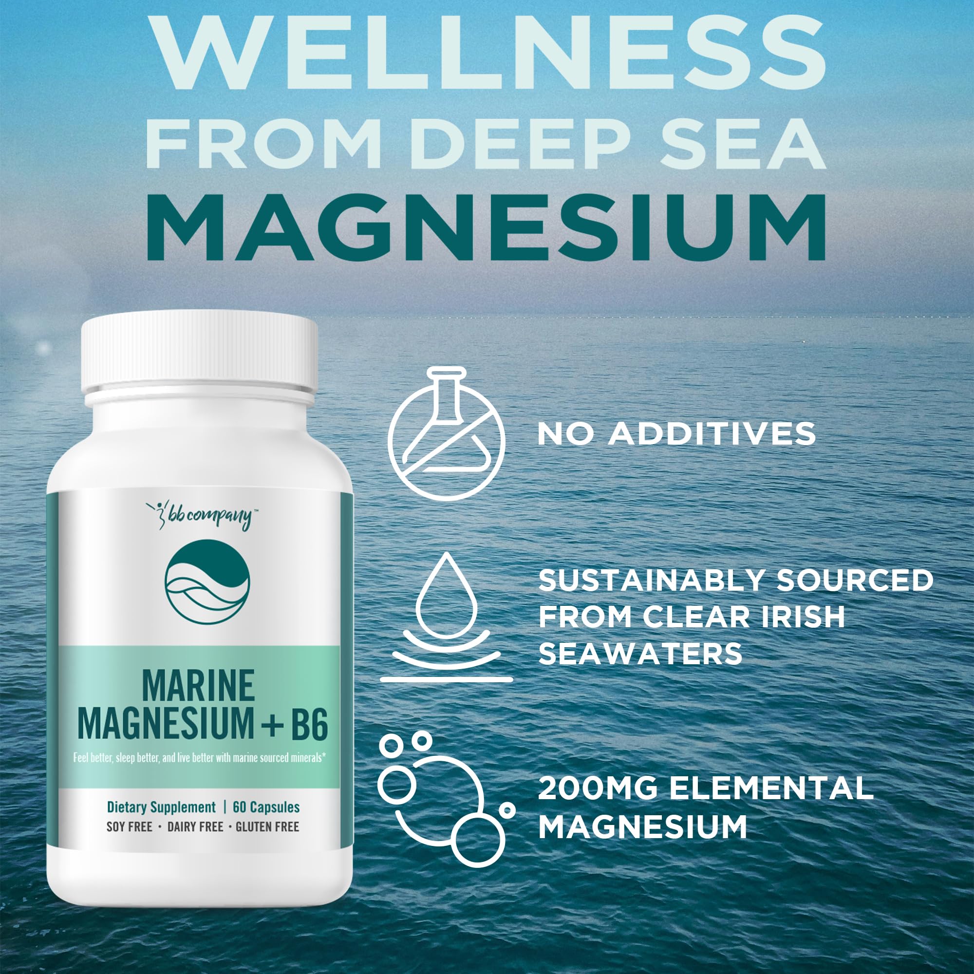 Ocean Magnesium 200mg Aquamin | More Soluble Than Magnesium Glycinate | Whole Food Mag B6 Supplement for Women | Gentle on Stomach & Vegan | Sleep Support, Calms Nerves & Leg Cramps | 60 Ct BB Company buy supplements canada