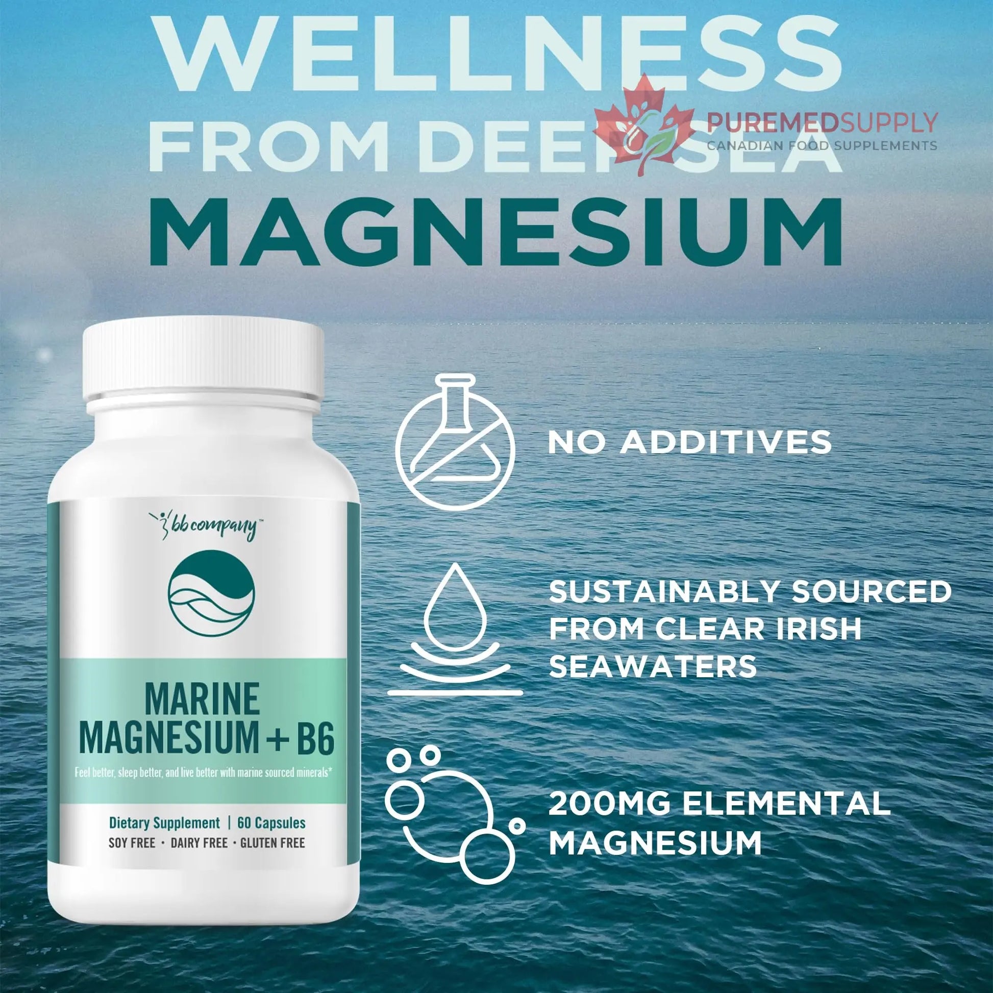 Ocean Magnesium 200mg Aquamin | More Soluble Than Magnesium Glycinate | Whole Food Mag B6 Supplement for Women | Gentle on Stomach & Vegan | Sleep Support, Calms Nerves & Leg Cramps | 60 Ct BB Company buy supplements canada