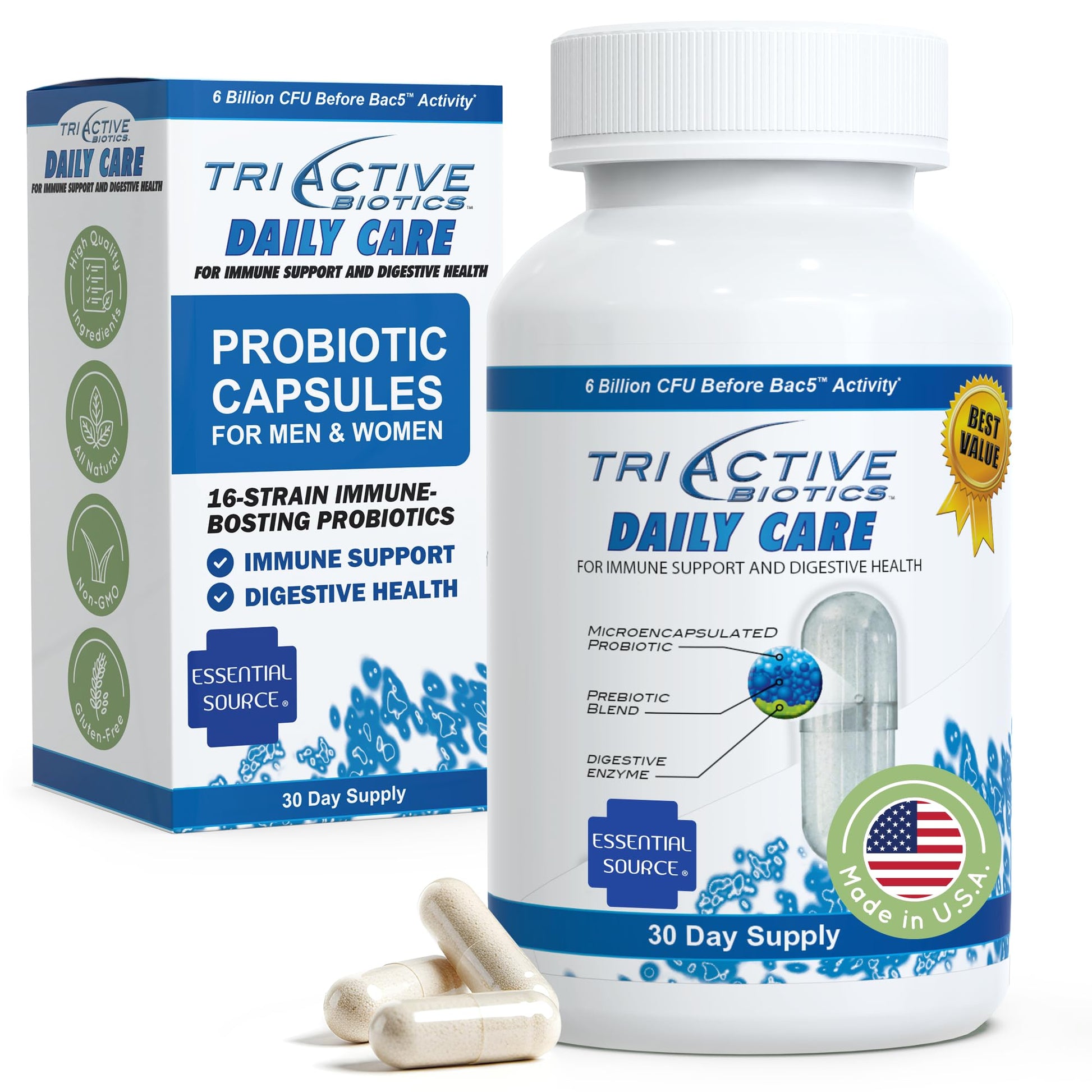 Essential Source TriActive Biotics Daily Care – Probiotics for Women and Men, 6 Billion CFU with Prebiotic Blend – Daily Digestive and Immune Support Gut Health Supplement – 30 Capsules Essential Source buy supplements canada