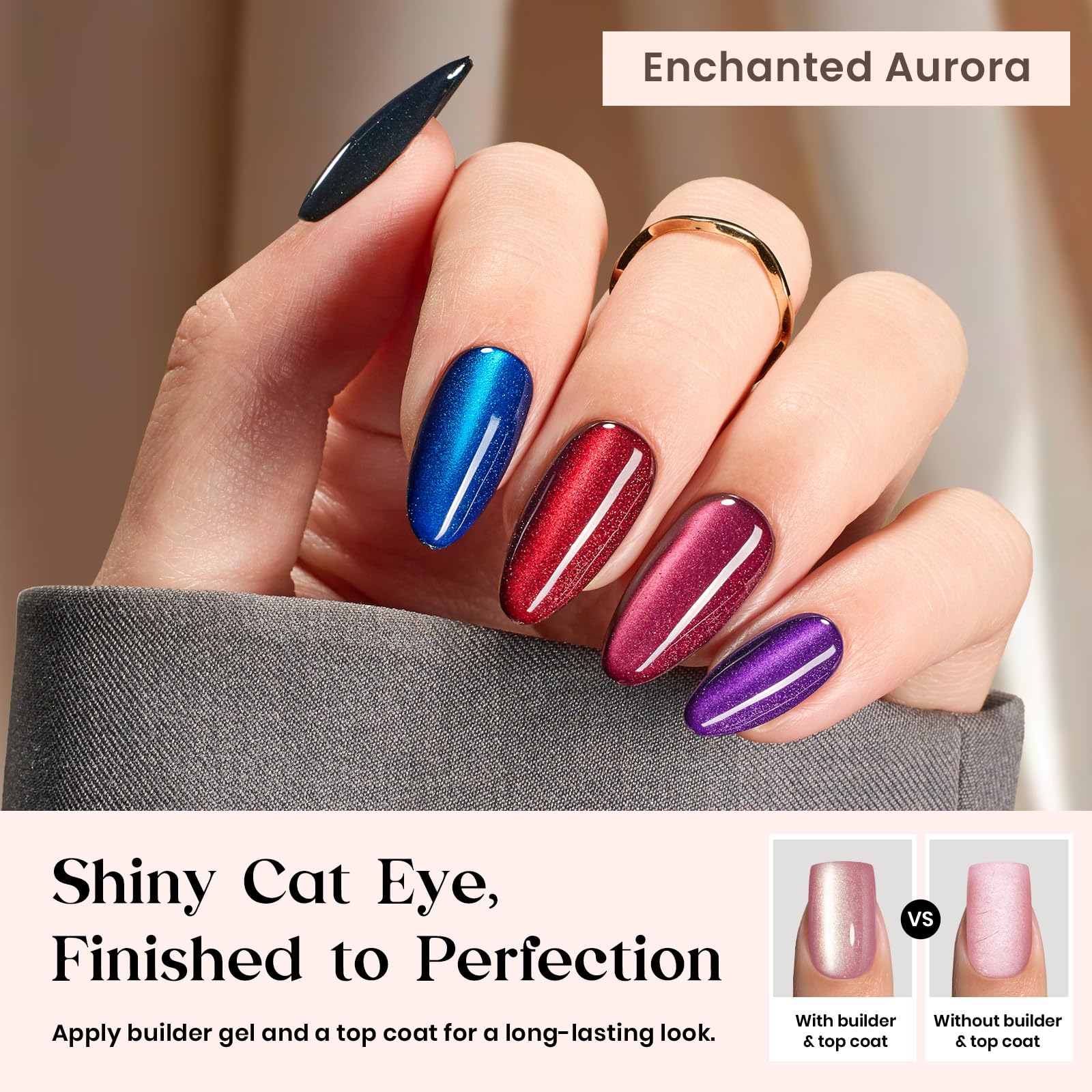 Beetles Cat Eye Nails Kit - Enchanted Aurora | 7 Colors Cat Eye Press On Nails Medium Almond | 224Pcs 16 Sizes All-in-One Kit With Nail Glue,Remover,Builder Top Coat,Nail Lamp Gift beetles Gel Polish buy supplements canada