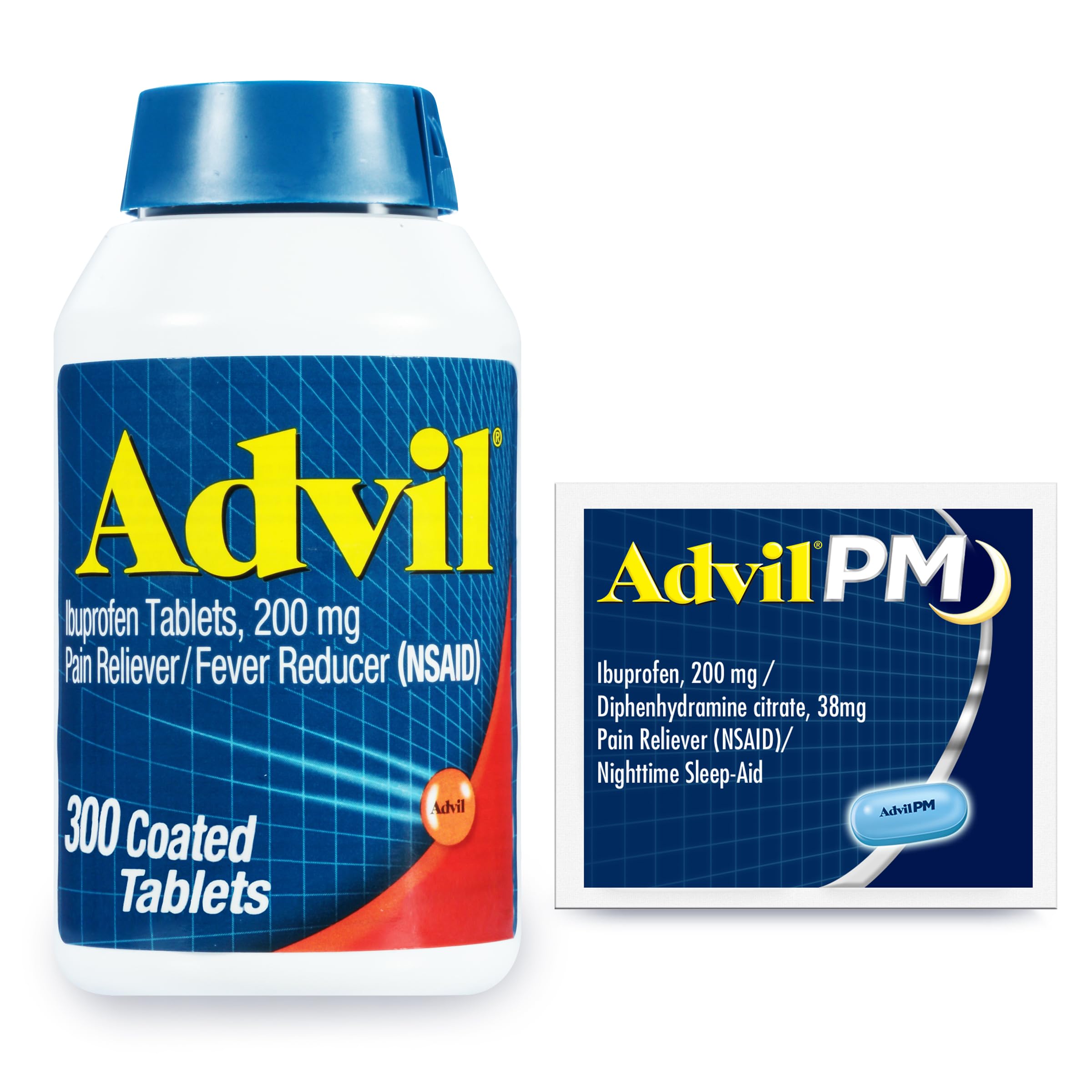 Advil Pain Reliever and Fever Reducer, Ibuprofen 200mg for Pain Relief - 300 Count, Advil PM Pain Reliever and Nighttime Sleep Aid, Ibuprofen for Pain Relief and Diphenhydramine Citrate - 2 Count Advil buy supplements canada