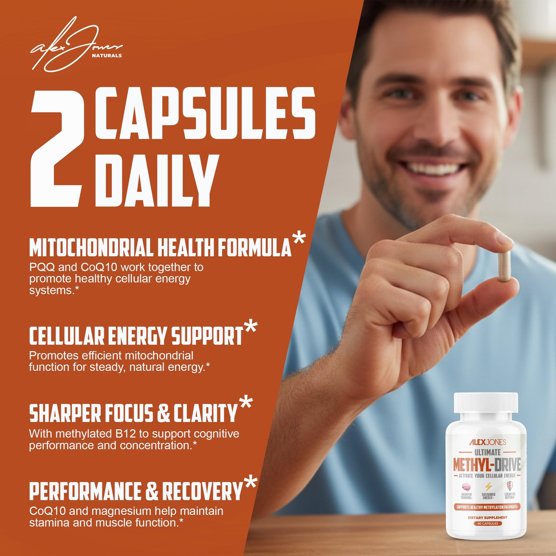 Alex Jones Naturals Methyl Drive Vitamin B Methylated Complex Formula – Mitochondrial Support Supplement w/ CoQ10, PQQ Supplement, Magnesium, B Methylated Complex & BioPerine – 60 Capsules Alex Jones Naturals buy supplements canada