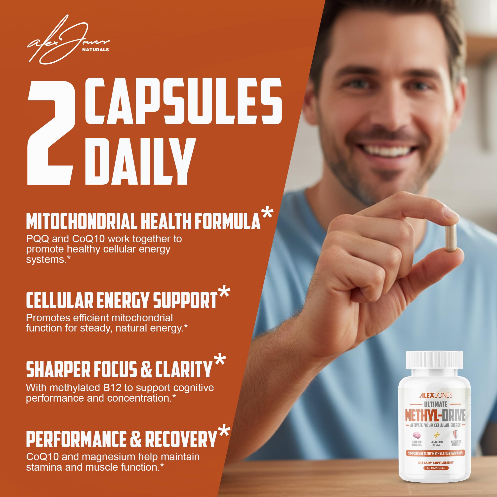 Alex Jones Naturals Methyl Drive Vitamin B Methylated Complex Formula – Mitochondrial Support Supplement w/ CoQ10, PQQ Supplement, Magnesium, B Methylated Complex & BioPerine – 60 Capsules Alex Jones Naturals buy supplements canada