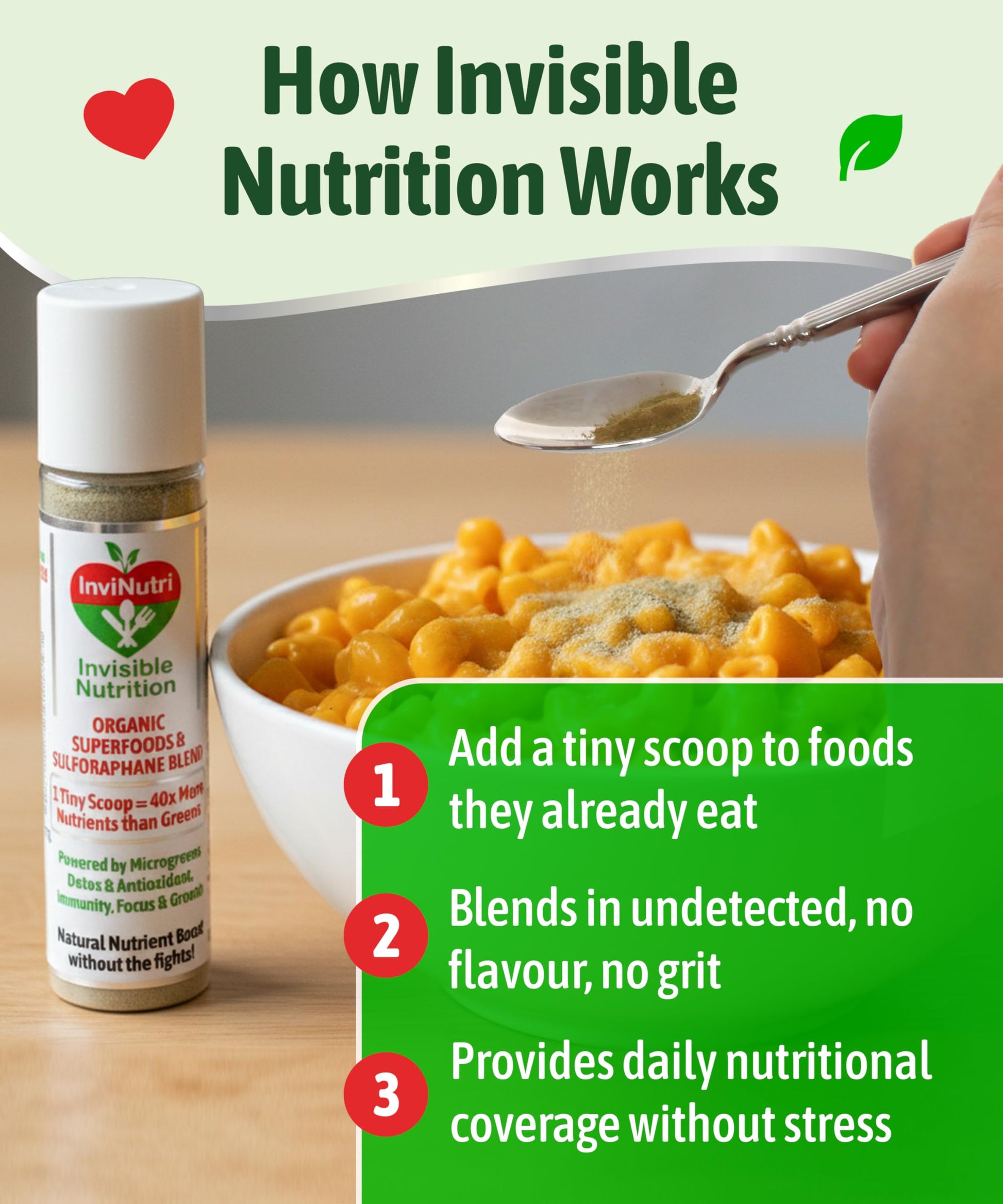InviNutri Superfood Powder for Sensory & Picky Eaters. A TINY scoop- 40x Nutrient-Rich, 30mg Sulforaphane for Detox. Organic Microgreens, Fruits & Veggies - Blends Invisibly into Most Meals - 24 serv. InviNutri Invisible Nutrition buy supplements canada