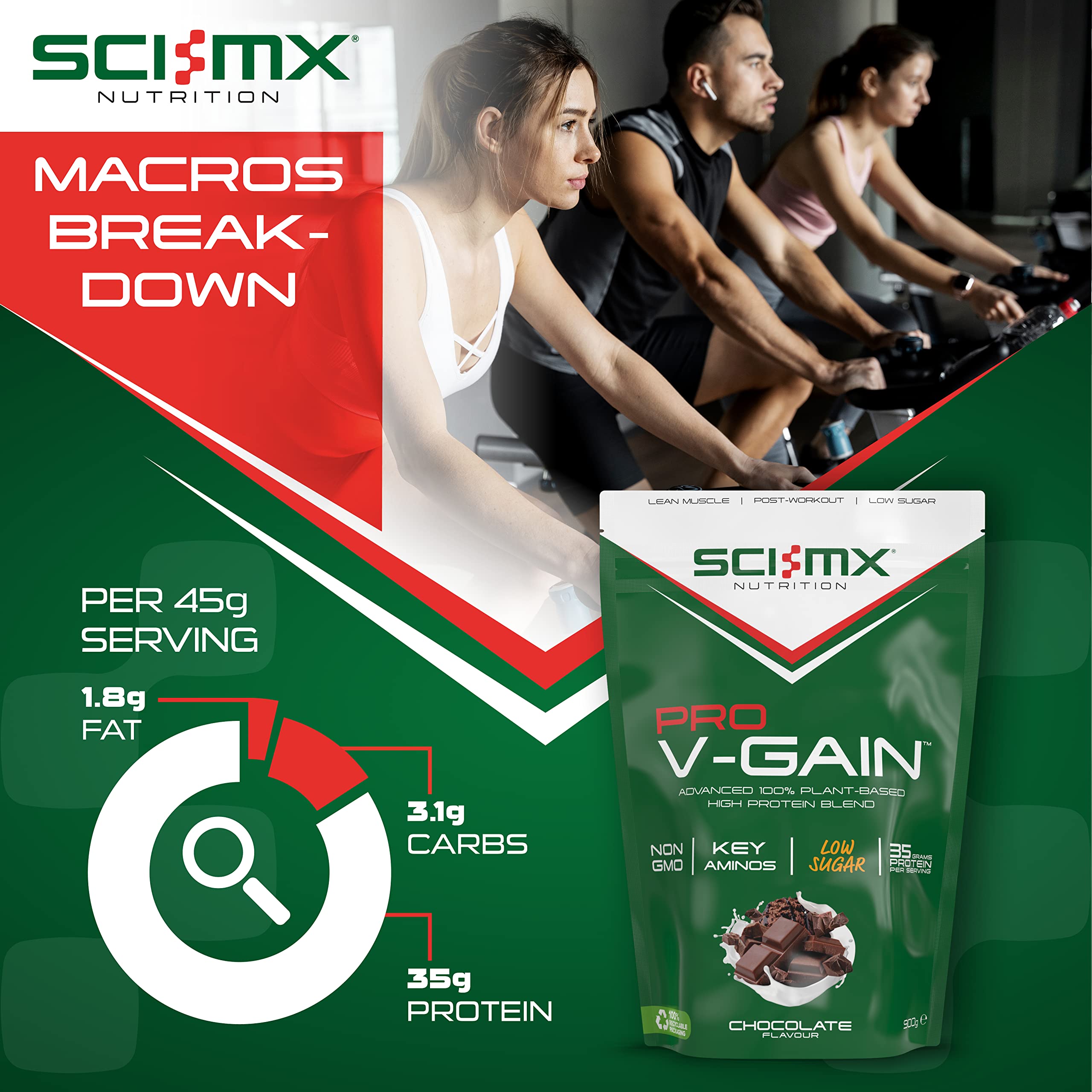 SCI-MX Pro V Gain 100% Plant Based Vegan Protein Formula With No Added Sugar - Chocolate Flavour - 900g - 20 SERVINGS SCI-MX buy supplements canada