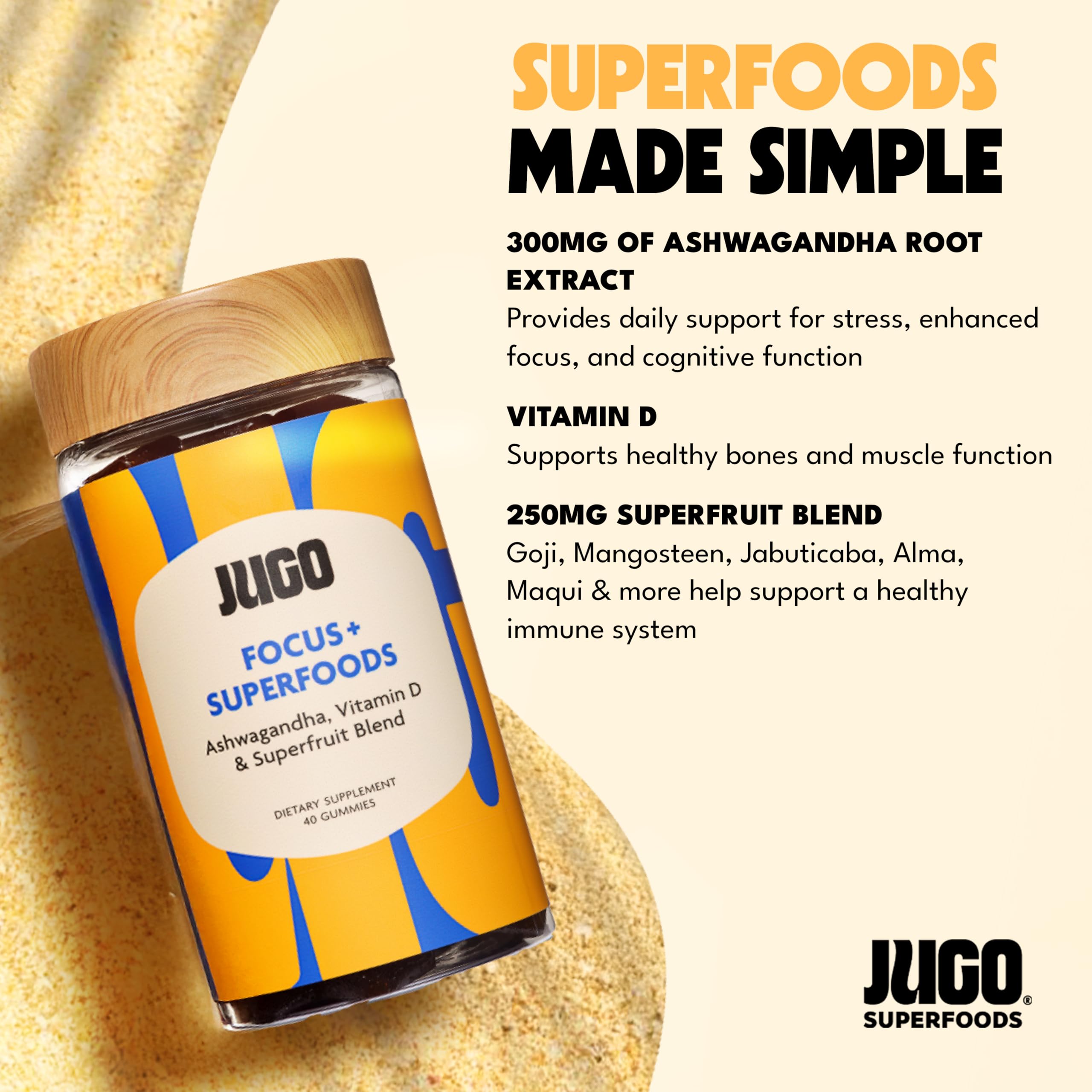 JUGO Focus + SUPERFOODS Ashwagandha Gummies with Vitamin D3 & Superfruit Blend, Vegetarian-Friendly Focus Supplement with Adaptogens, Gelatin-Free and Gluten-Free, Non-GMO, Made in USA, 40 Coun JUGO LLC buy supplements canada