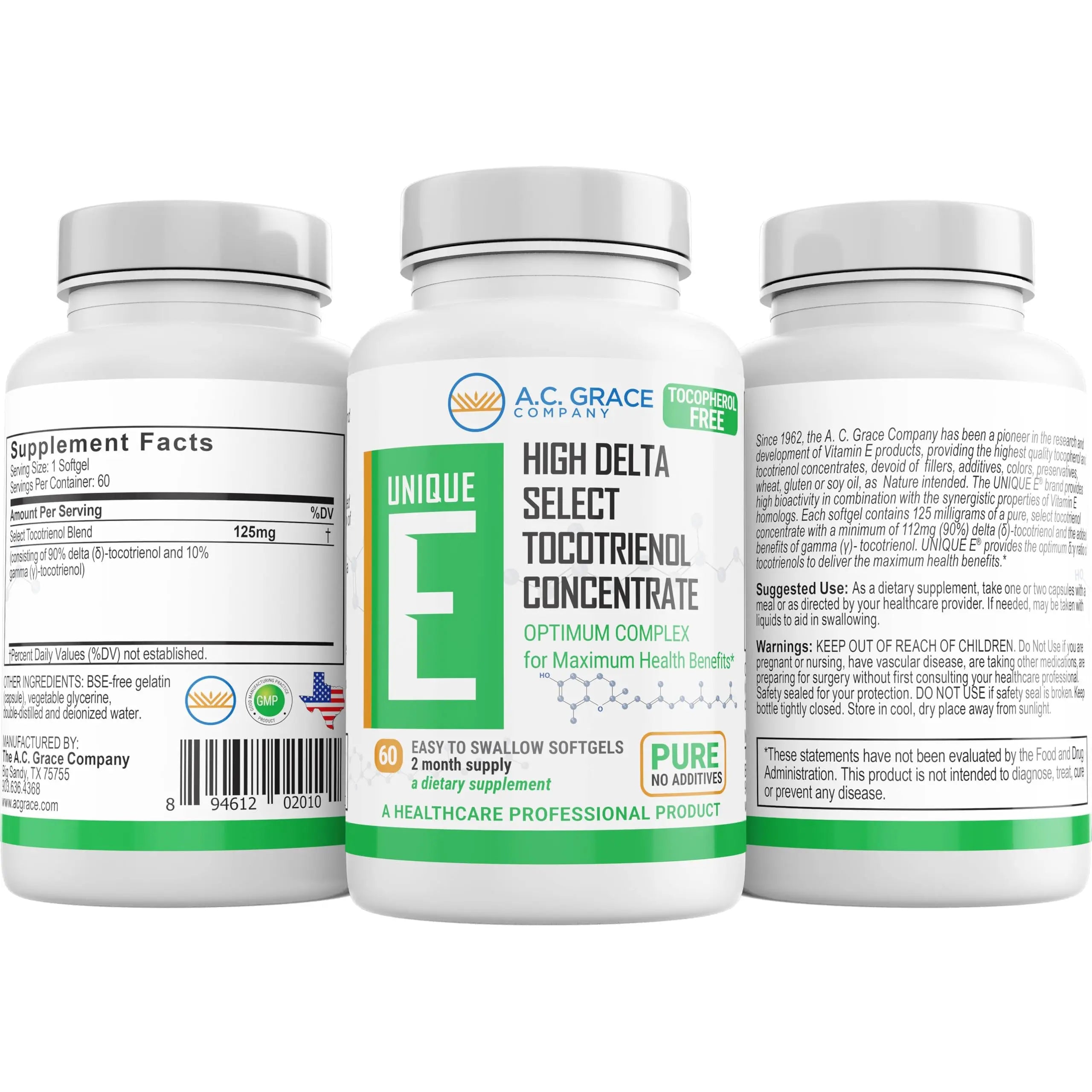 A.C. Grace Company, Unique E Tocotrienols - Tocopherol Free Softgels, 60 Count UNIQUE E buy supplements canada