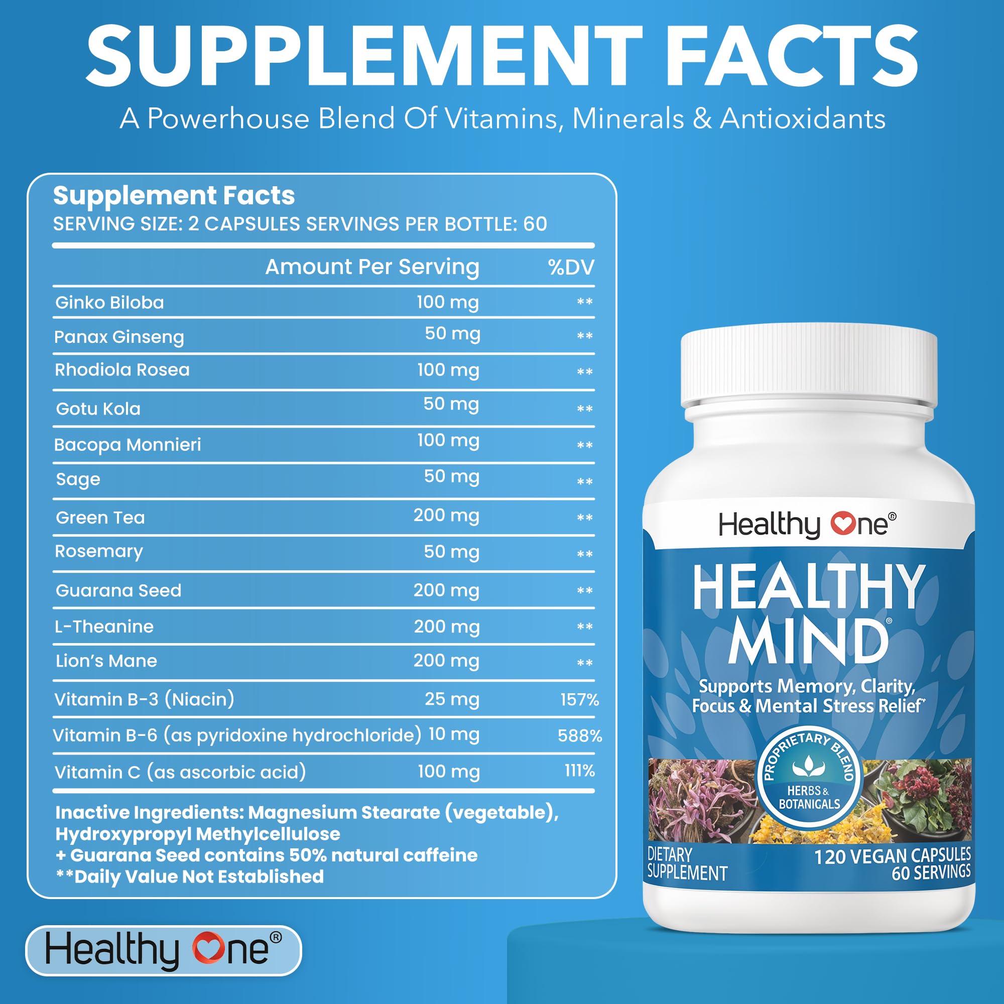 Healthy Mind - Safe for Teens - Brain Fog - Cognitive Function - Concentration - Focus - Neural Optimization - Mood - Ginkgo Biloba - Ginseng - Rhodiola - Bacopa - Gotu Kola - Green Tea - 60 Count Healthy One buy supplements canada