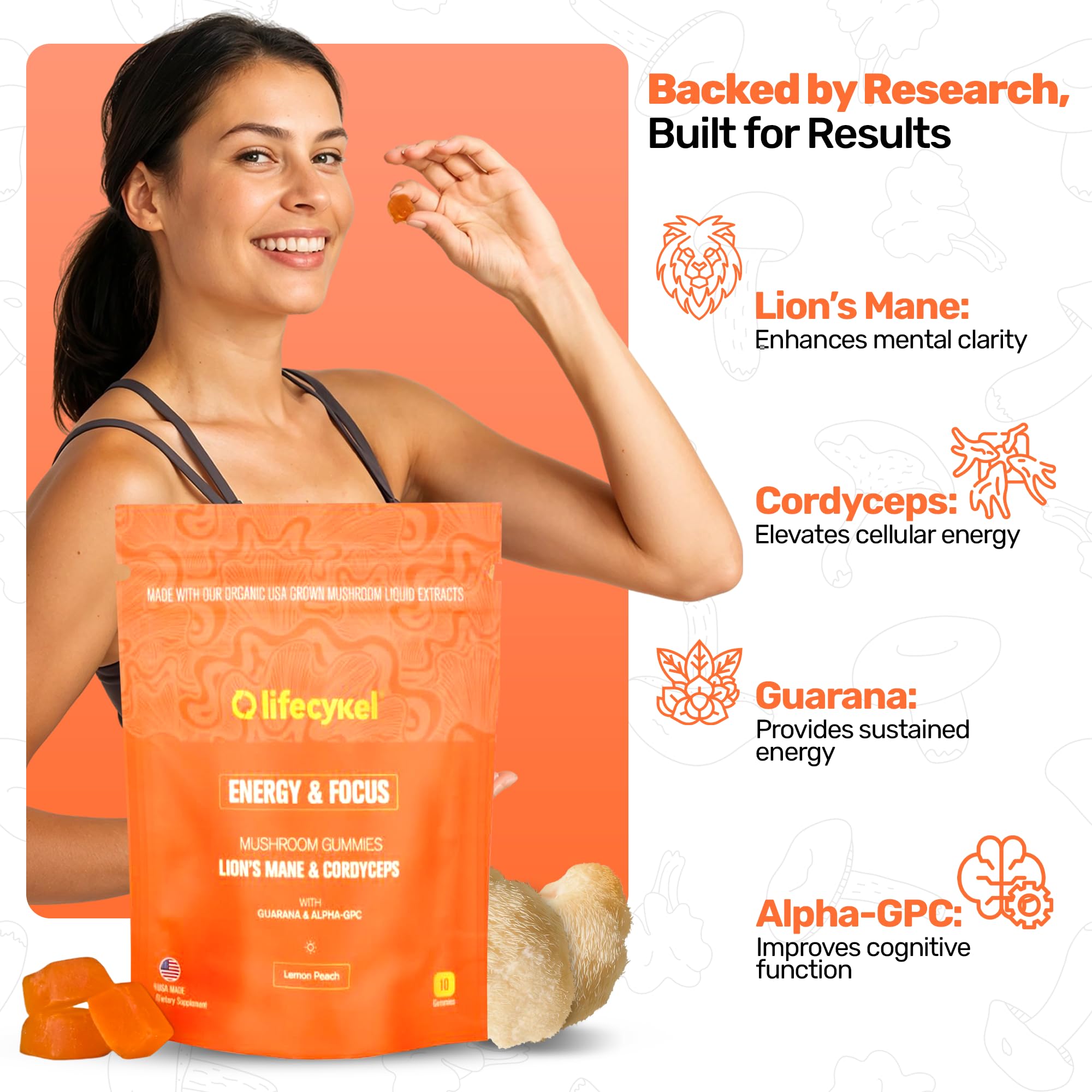 Life Cykel - AM Energy and Focus Mushroom Gummies, 10 Count - Organic Lion's Mane Gummies with Cordyceps, Guarana & Alpha GPC for Mental Clarity, Natural Energy, Endurance & Focus - Lemon Peach Flavor Life Cykel buy supplements canada