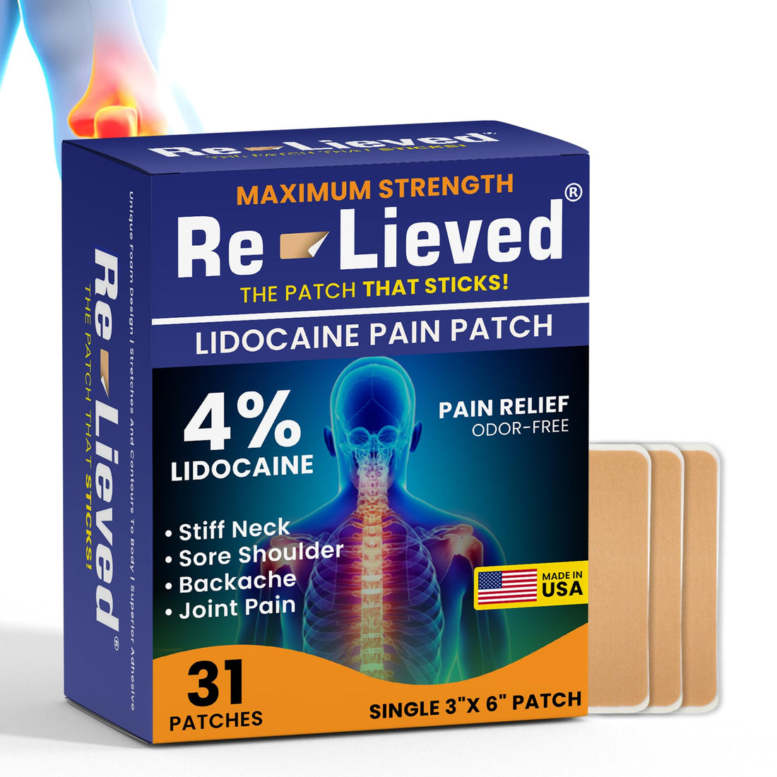 Re-Lieved 4% Lidocaine Patches Maximum Strength - Aluminum-Free, Water Resistant and USA Made -Superior Sticking Pain Relief Patches Quickly Relieves Back, Joints and Muscle Pain-3x6 Inches (31 Count) Re-lieved buy supplements canada