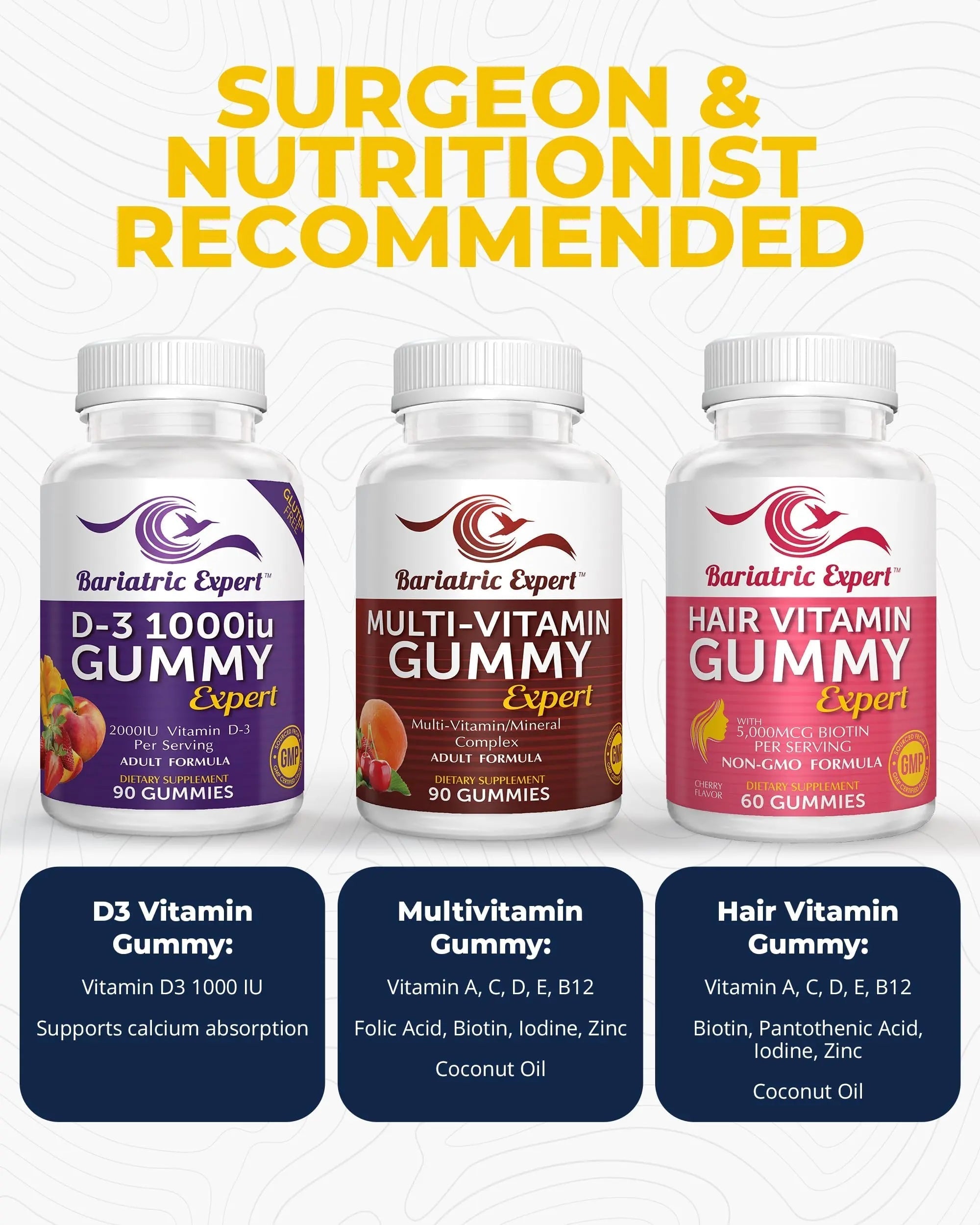 Bariatric Multivitamin 3 Pack, Multivitamin Gummy 90 Chews. - D3 Gummies 90 Chew - Hair Vitamin Gummy 60 Chews. Bariatric Food Expert buy supplements canada