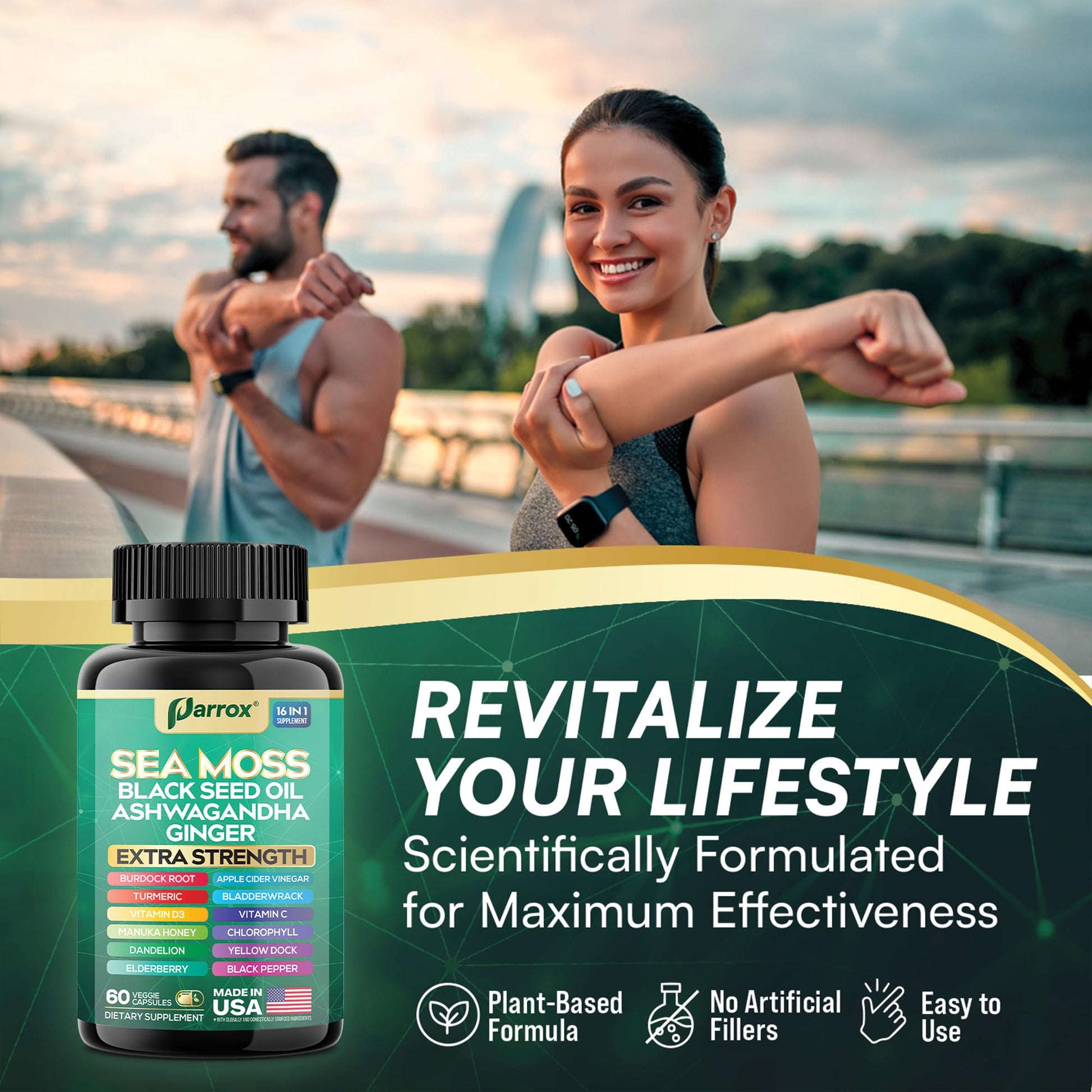 Parrox Sea Moss, Black Seed Oil, Ashwagandha, Turmeric, Chlorophyll, Dandelion, Ginger, Vitamin D3, Black Pepper, Elderberry, ACV, Yellow Dock, Burdock Root, Manuka, Vitamin C, Bladderwrack (60 Caps) Parrox buy supplements canada