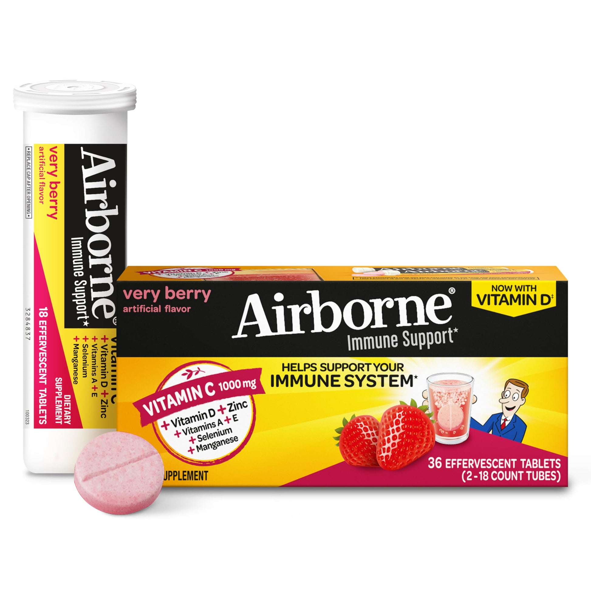 Vitamin C 1000mg (per serving) - Airborne Very Berry Effervescent Tablets (36 count in a box), Gluten-Free Immune Support Supplement, With Vitamins A C E, ZINC, Selenium, Echinacea & Ginger Airborne buy supplements canada