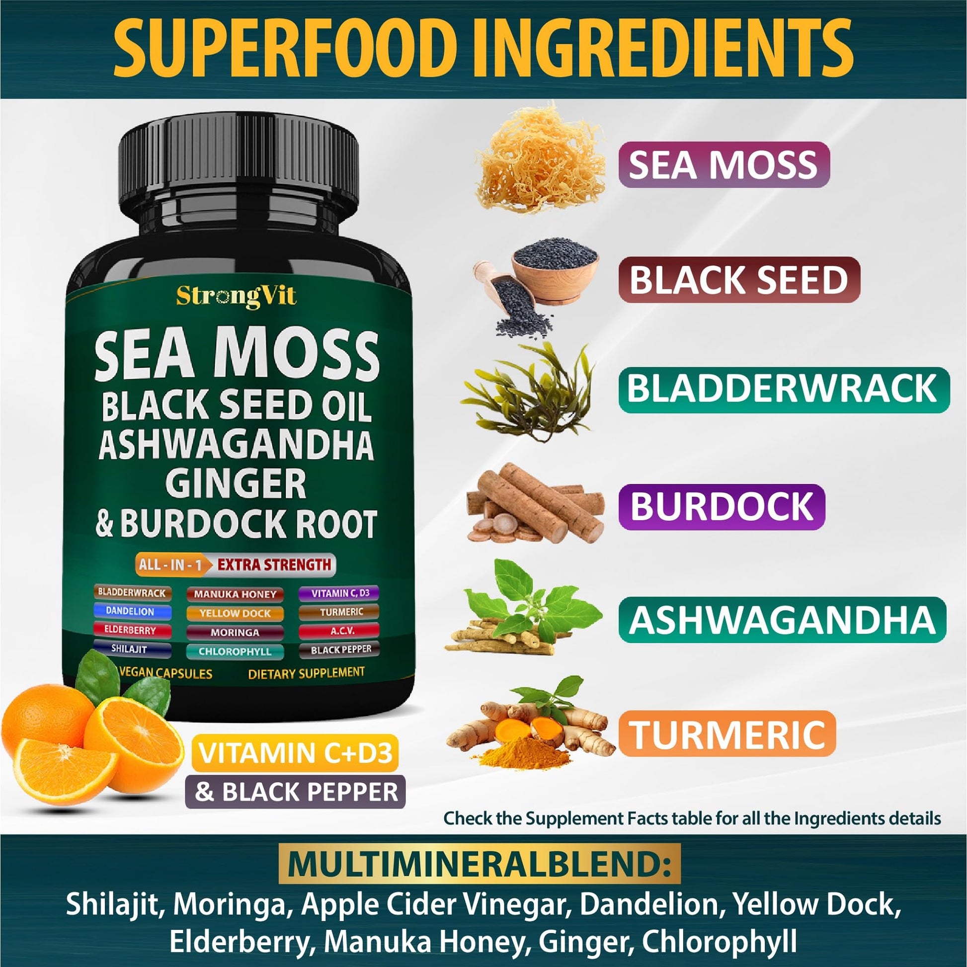 StrongVit Sea Moss Black Seed Oil Ashwagandha Ginger, Organic Sea Moss Capsules with Burdock Root, Irish Seamoss Pills with Bladderwrack, Advanced Multimineral Supplement, USA StrongVit buy supplements canada